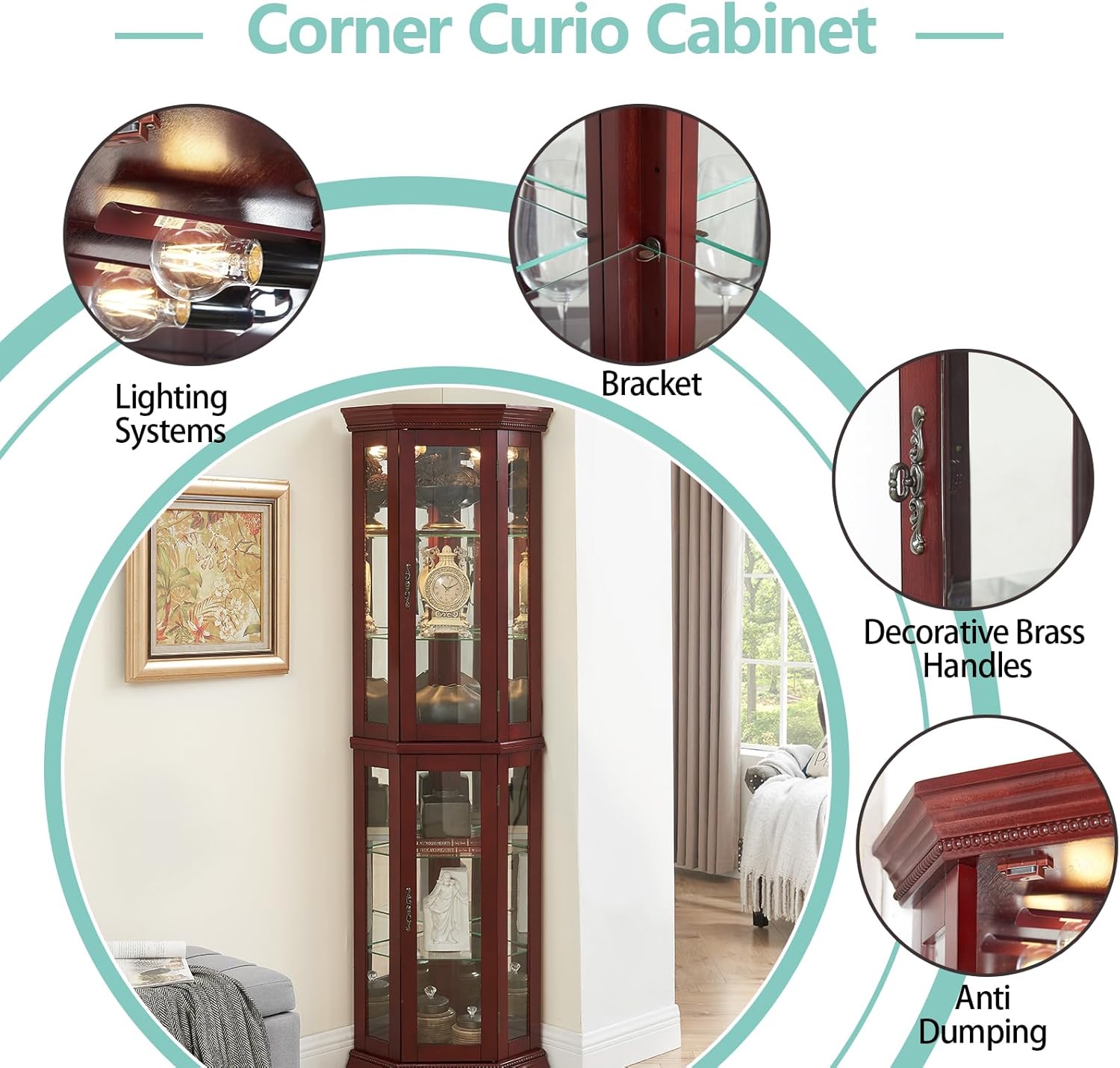 Corner Curio Cabinet with Lights, Adjustable Tempered Glass Shelves, Mirrored Back, Display Cabinet,Cherry (E27 Light Bulb not Included)