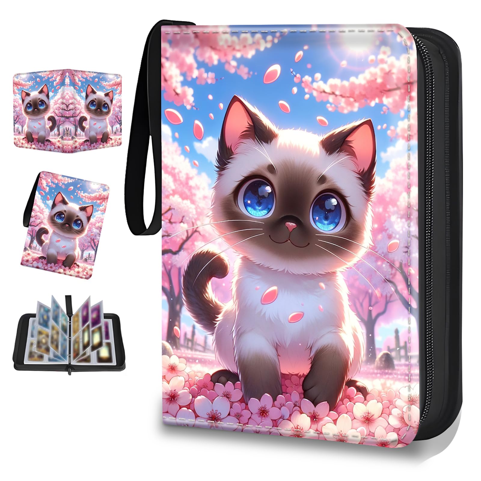 Carpeta de 4 bolsillos para tarjetas coleccionables con 50 fundas extraíbles, almacenamiento con cremallera de 400 capacidades para MTG, TCG y tarjetas deportivas (lindo gato debajo del cerezo)