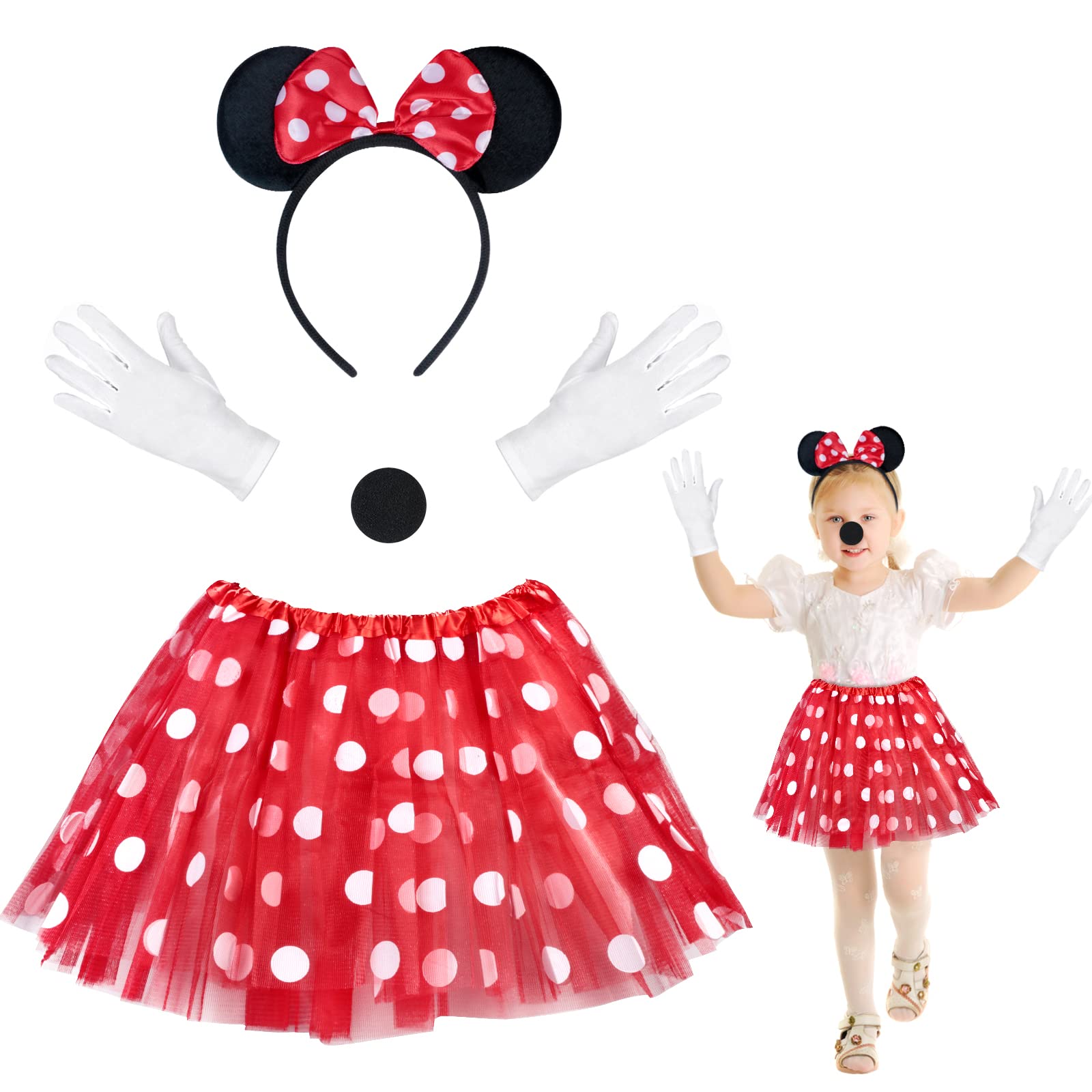 Fennoral 5pcs Kids Mouse Ears Diadema Orejas de ratón Nariz Tutu Falda Guantes blancos Diadema Mouse con pajarita roja para niños Fiesta de disfraces Cosplay Disfraz Globo Decoración