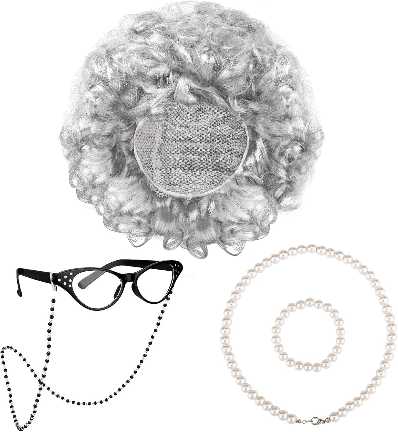URATOT 5 Pieces Halloween Old Lady Wig Costume Set Grandma Wig Hair Rollers Glasses Chain Necklace Bracelet