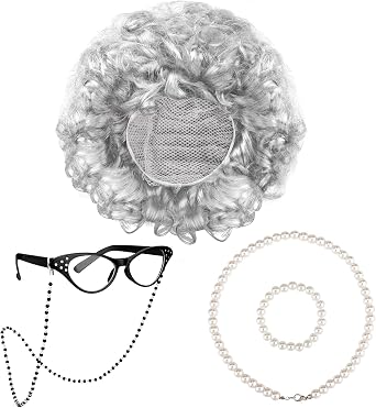 URATOT 5 Pieces Halloween Old Lady Wig Costume Set Grandma Wig Hair Rollers Glasses Chain Necklace Bracelet