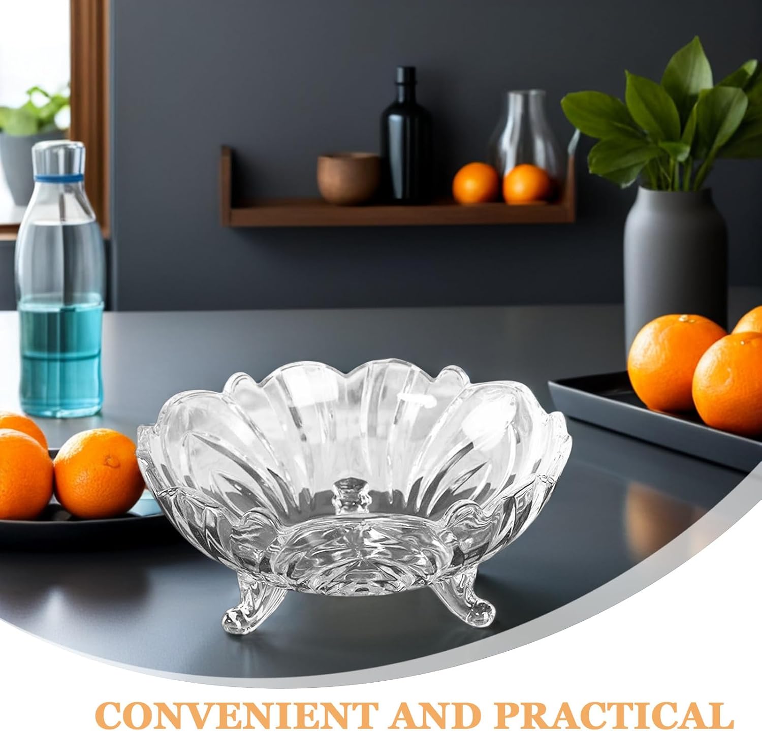 Toyvian 950ml Embossed Glass Fruit Bowl with Pedestal, European-style Multi-function Salad and Food Serving Tray for Household Dining and Entertaining