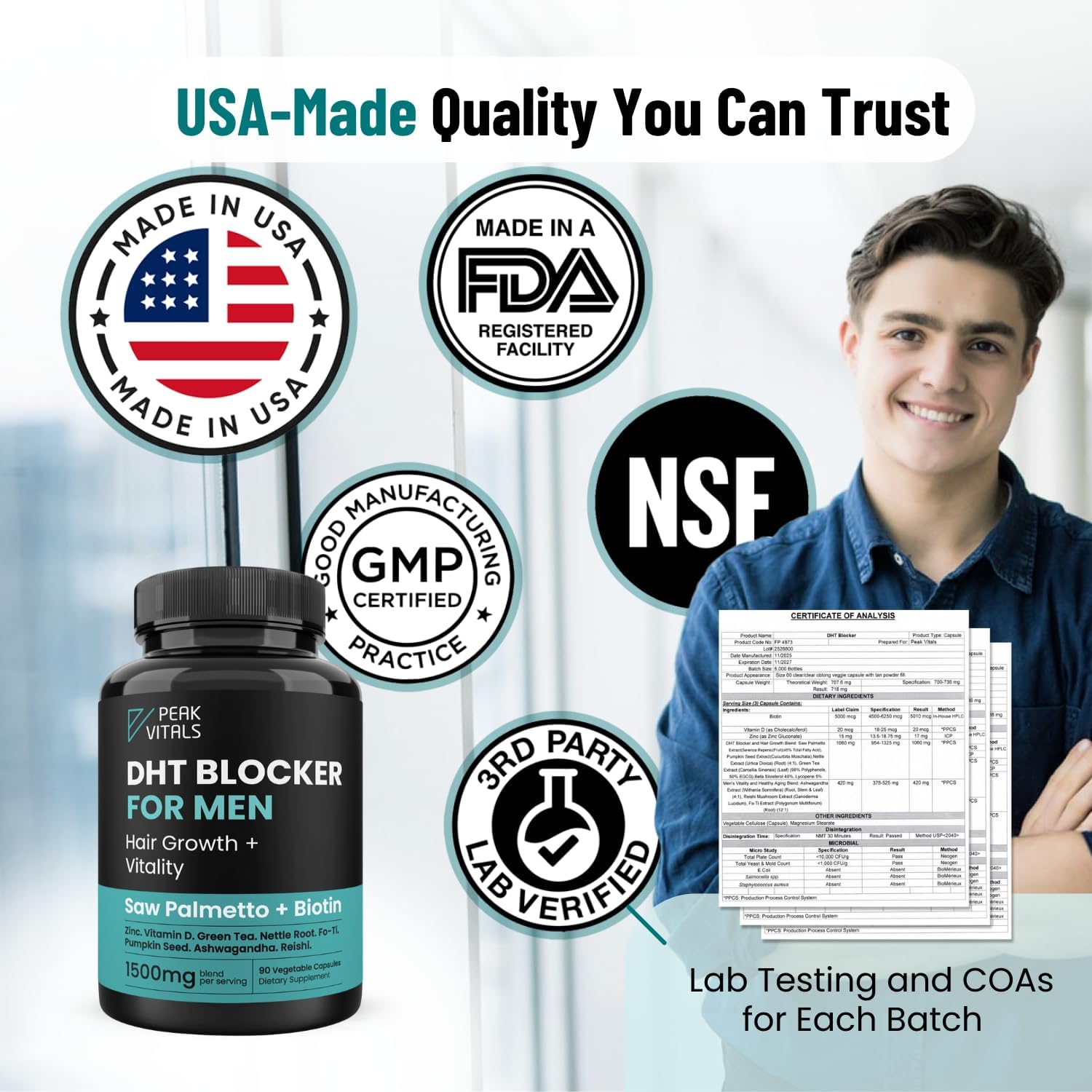 DHT Blocker for Men | Ultra Potent Hair Growth Formula | Saw Palmetto, Biotin, Pumpkin Seed, Herbal Extracts | Natural Hair Loss Supplements | Hair Regrowth Vitamins | Made in The USA | 90 Capsules - Image 8