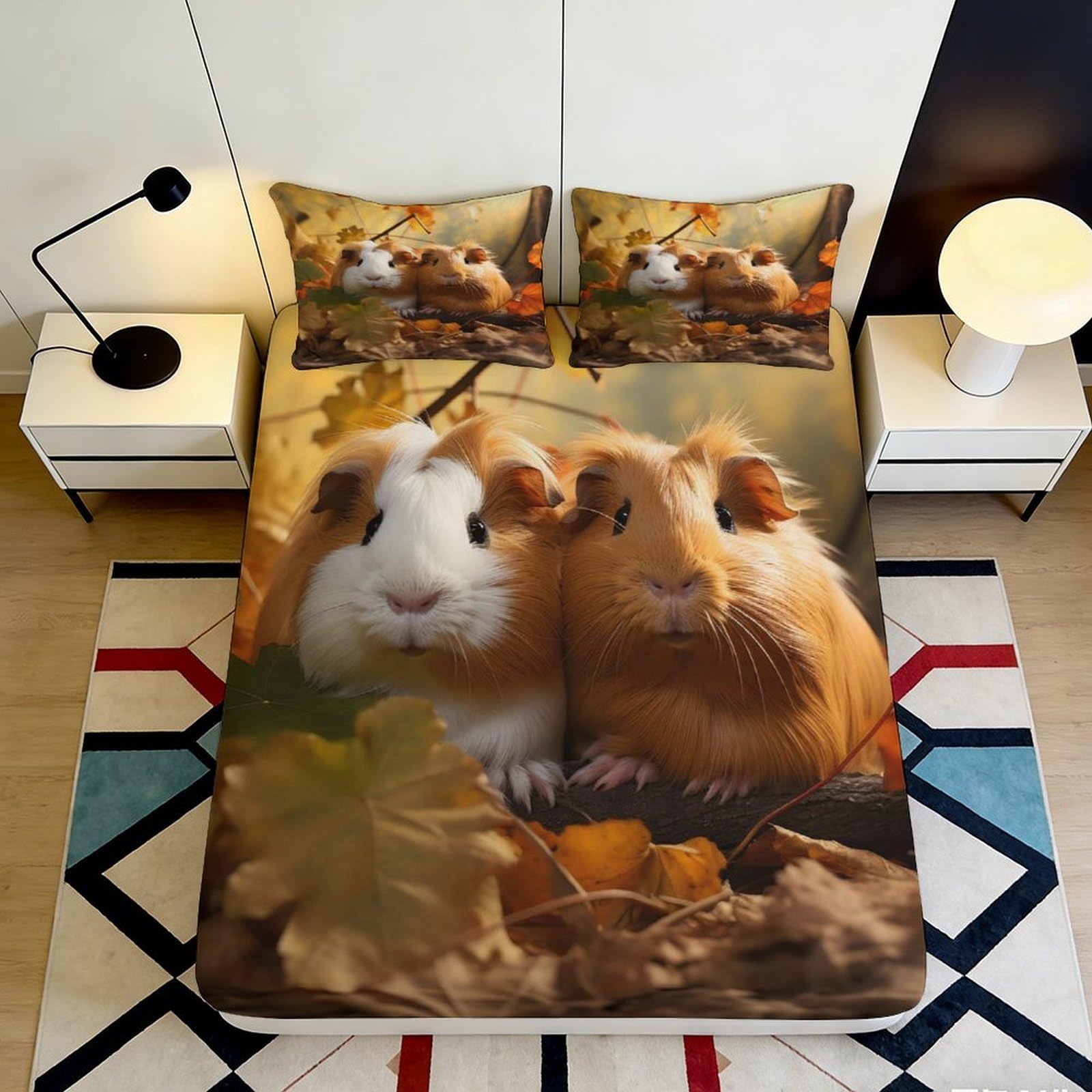 3D Printed Guinea Pig Fitted Sheet Microfiber Soft Anti-Slip Autumn Leaves Bed Cover for Bedroom Dorm Decor 90x200x25cm