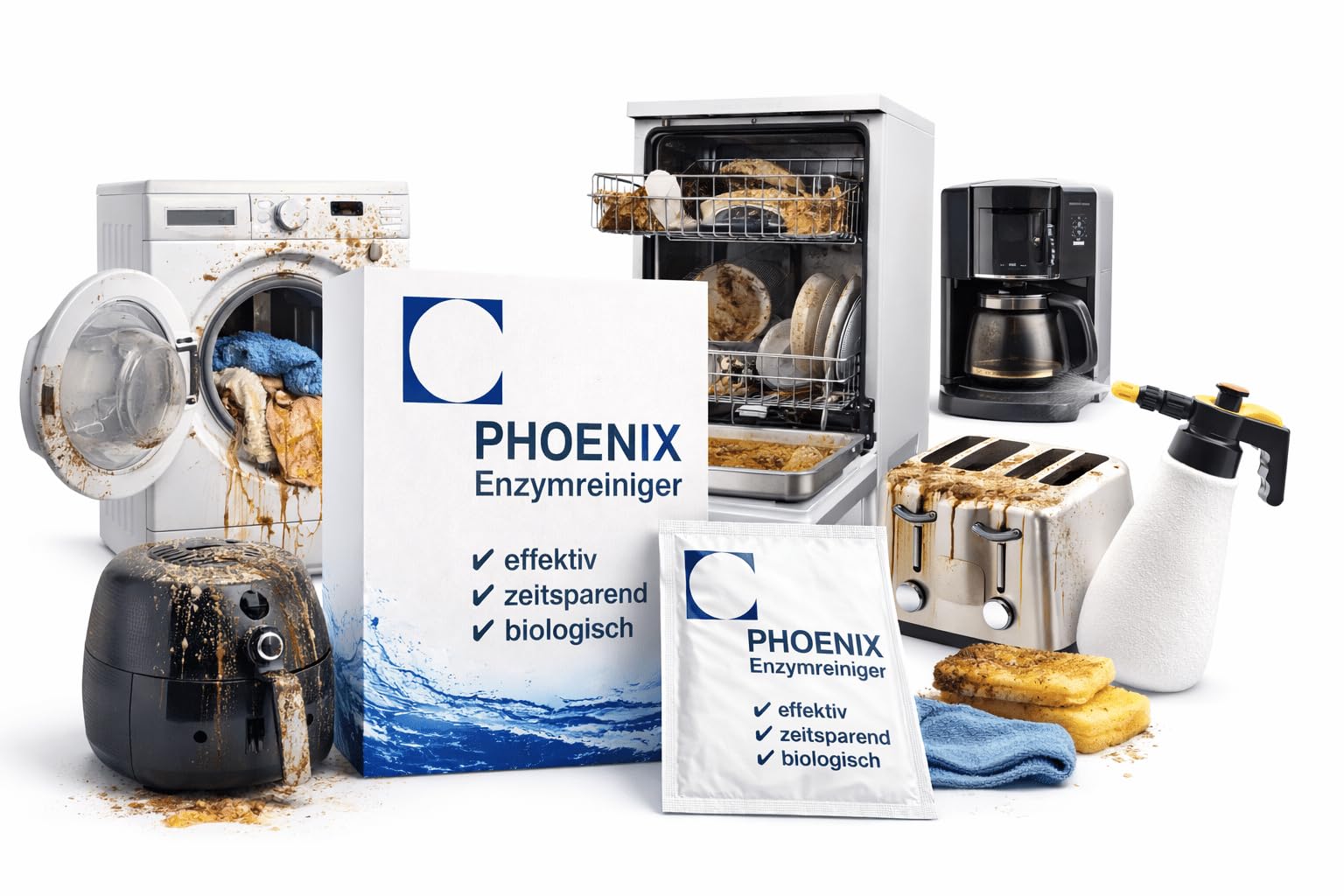 Maschinen Reiniger 1000g Waschmaschine Spülmaschine Geschirrspüler Waschmaschinenreiniger Kaffeemaschine Vollautomat Kalk Ablagerungen Fett Fettlöser Schleim Gerüche Gestank | PHOENIX Enzymreiniger