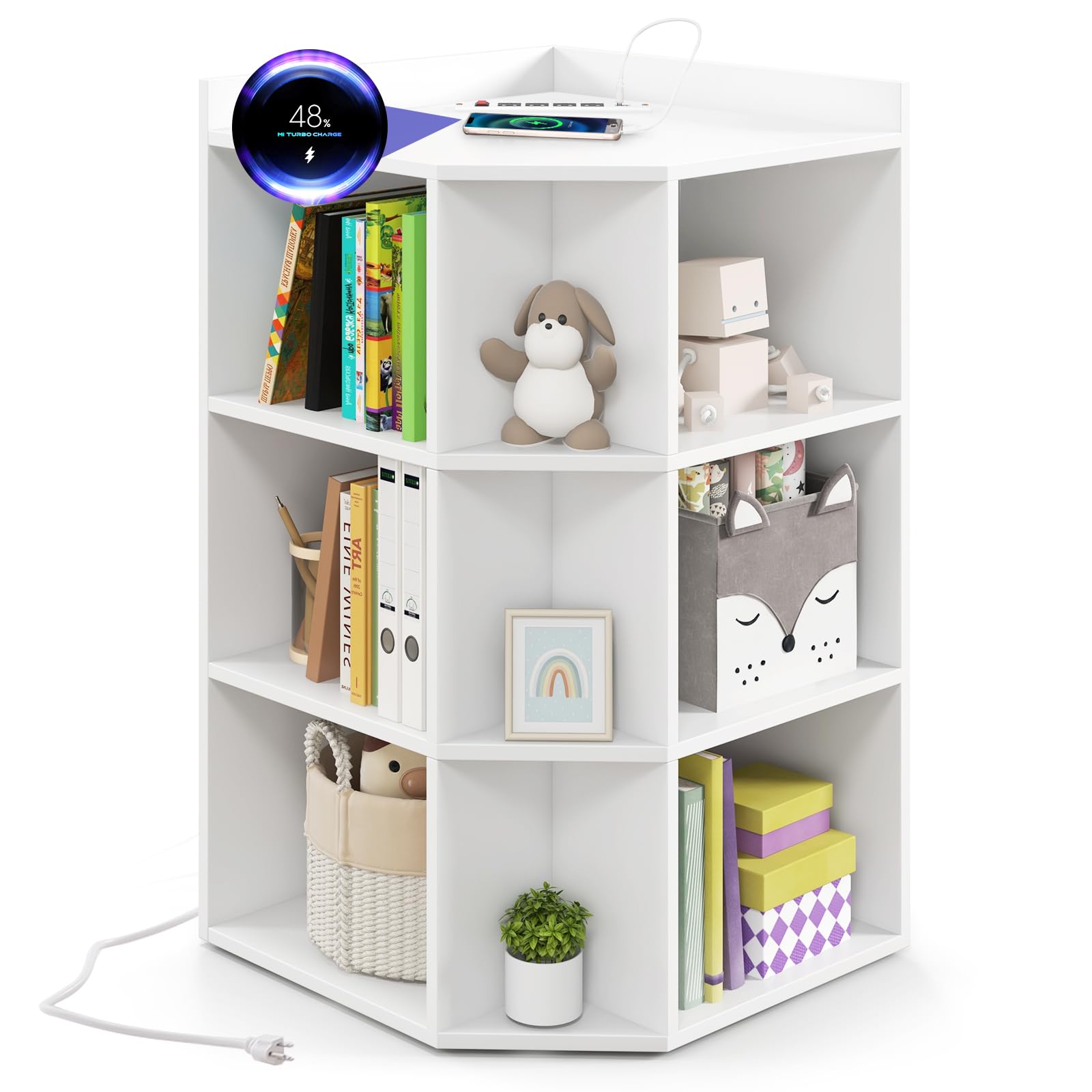 COSTWAY 3-laags hoekboekenkast met laadstation, hoekplank met 9 vakken, 2 USB-poorten en 4 stopcontacten, opbergrek voor slaapkamer, woonkamer (wit