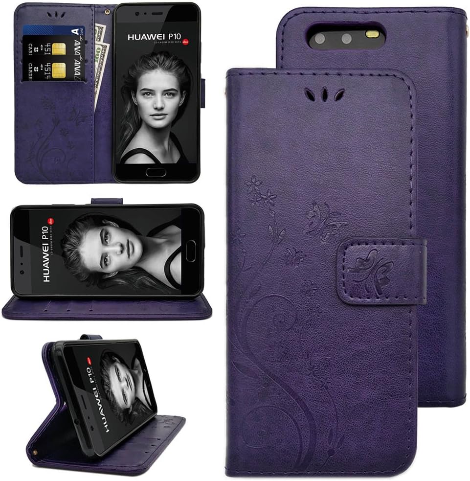 KUAWEI Huawei P10 Leather Flip Case with Stand Function and Credit Card Slots Flexible TPU Inner Shell for Huawei P10 5.1 Inches Purple