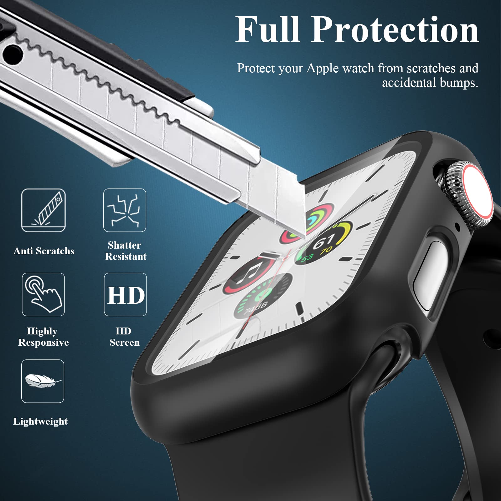 Hülle kompatibel mit Apple Watch SE Serie 6/5/4 44 mm mit gehärtetem Glas Displayschutzfolie, Hart-PC, volle Abdeckung, HD-Stoßfänger-Schutzhülle für iWatch 44 mm, Schwarz/Schwarz/Schwarz