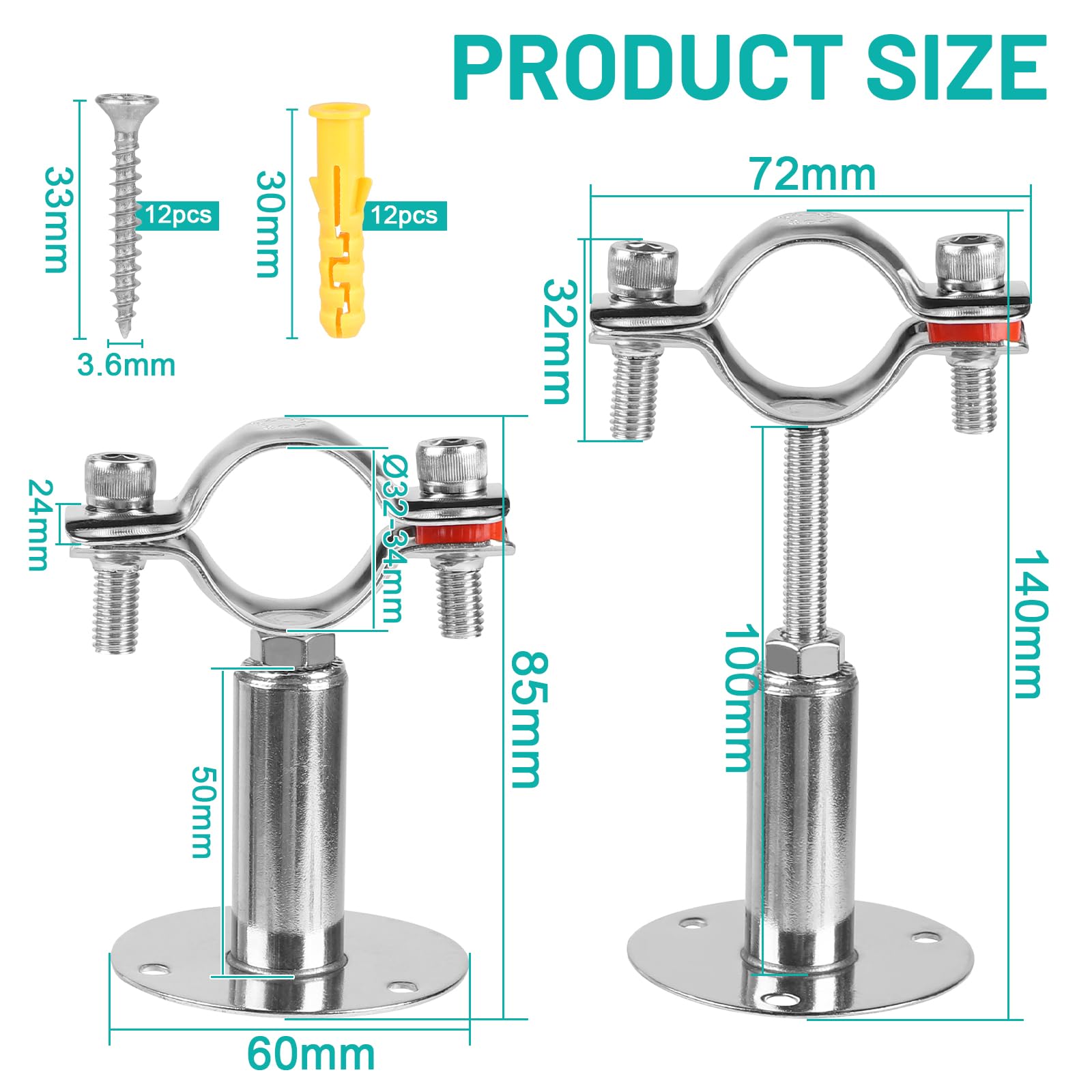 LALAGO 4pcs Support Tuyaux Réglable pour Φ32-34mm, Pince de Support Tube à Montage Mural en Acier Inox avec 12pcs vis et tubes d'expansion, Collier de Serrage Plafond pour la Fixation ou de Barres