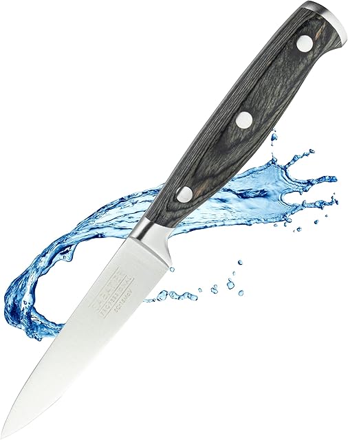 Sabatier Professional Small Vegetable Kitchen Paring Knife - 3.5in/9cm Full Tang Taper Ground Stainless Steel Blade. Unique Grey Pakkawood Triple Rivet Handle. Lifetime Performance 25yr Guarantee
