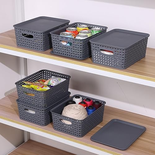 Miniatura 5 de Paquete de 6 cestas pequeñas de plástico, cesta de almacenamiento tejida con tapa, apilable, color gris