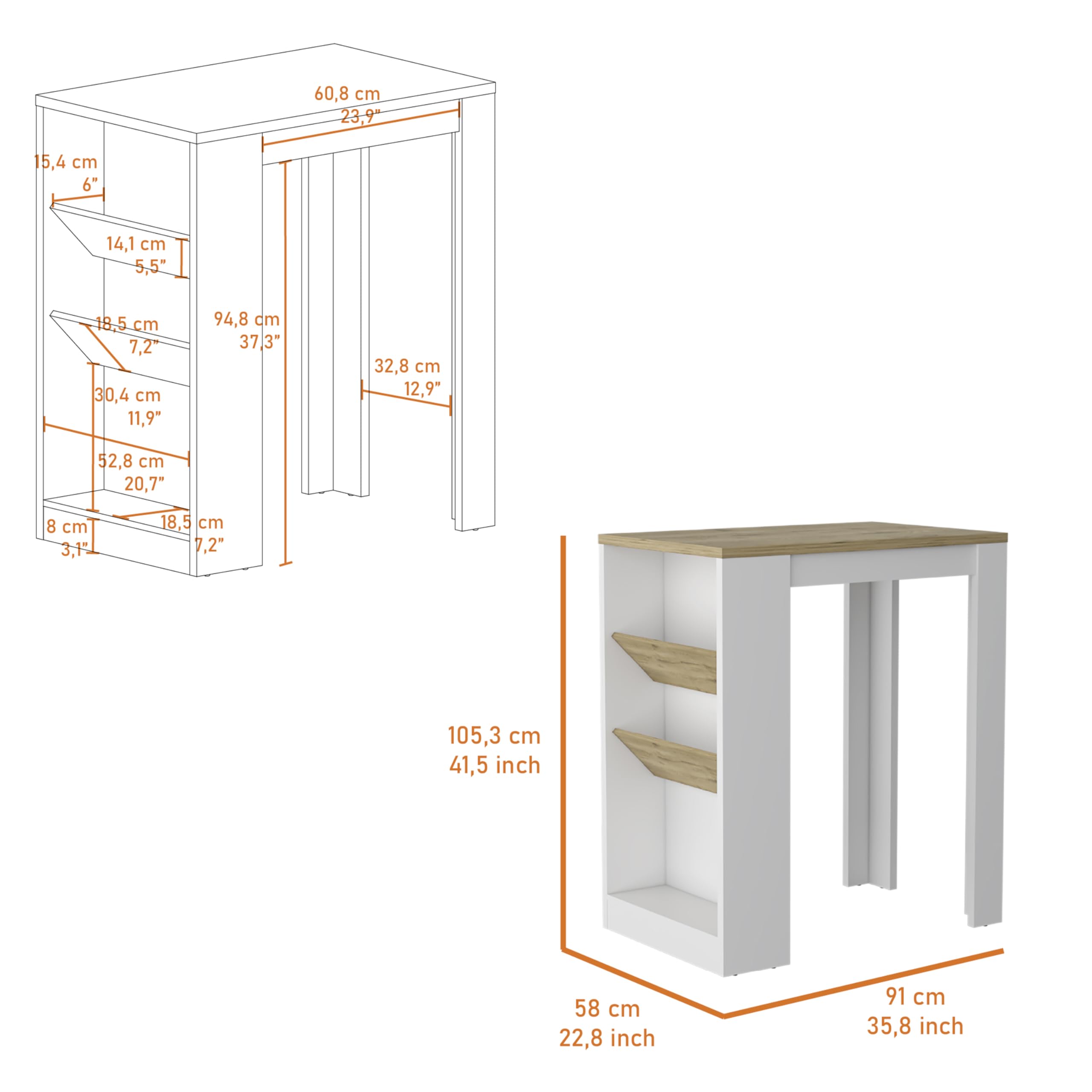 Cecil 36" Kitchen Island With 3-Tier Shelves - White/Macadamia Finish, Extra Storage & Prep Space