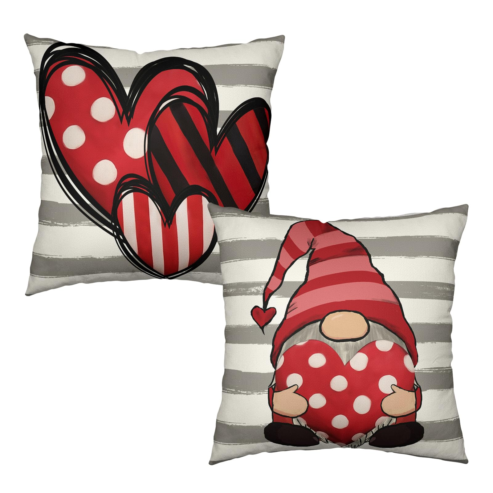 Wnoesat Mothers Day Throw Pillow Covers 18x18 Set of 2 Red Polka Dots Love Heart Gnomes Pillow Covers Gray Stripes Mother's Day Pillow Cases for Home