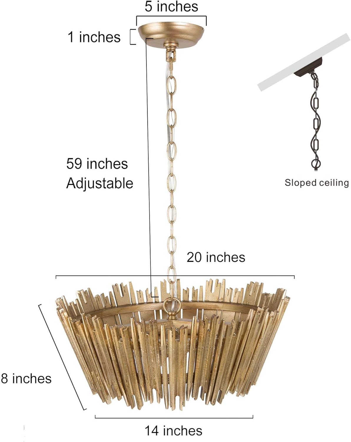 Gold Chandelier, Modern Farmhouse Chandelier, Dining Room Lighting Fixtures Hanging with Wood Framework and Gold Finish, Chandeliers for Dining Rooms, Kitchen, Foyer, Living Room, 20" D x 8" H