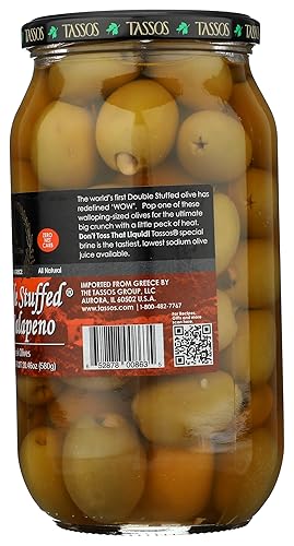 Miniatura 5 de Tassos Aceitunas griegas súper mamut de jalapeno-ajo con doble relleno, 35.27 onzas