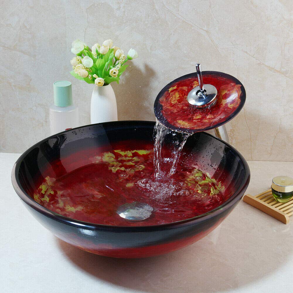 Tempered Glass Vessel Bathroom Round Basin Sink Bowl+Waterfall Faucet Combo Set