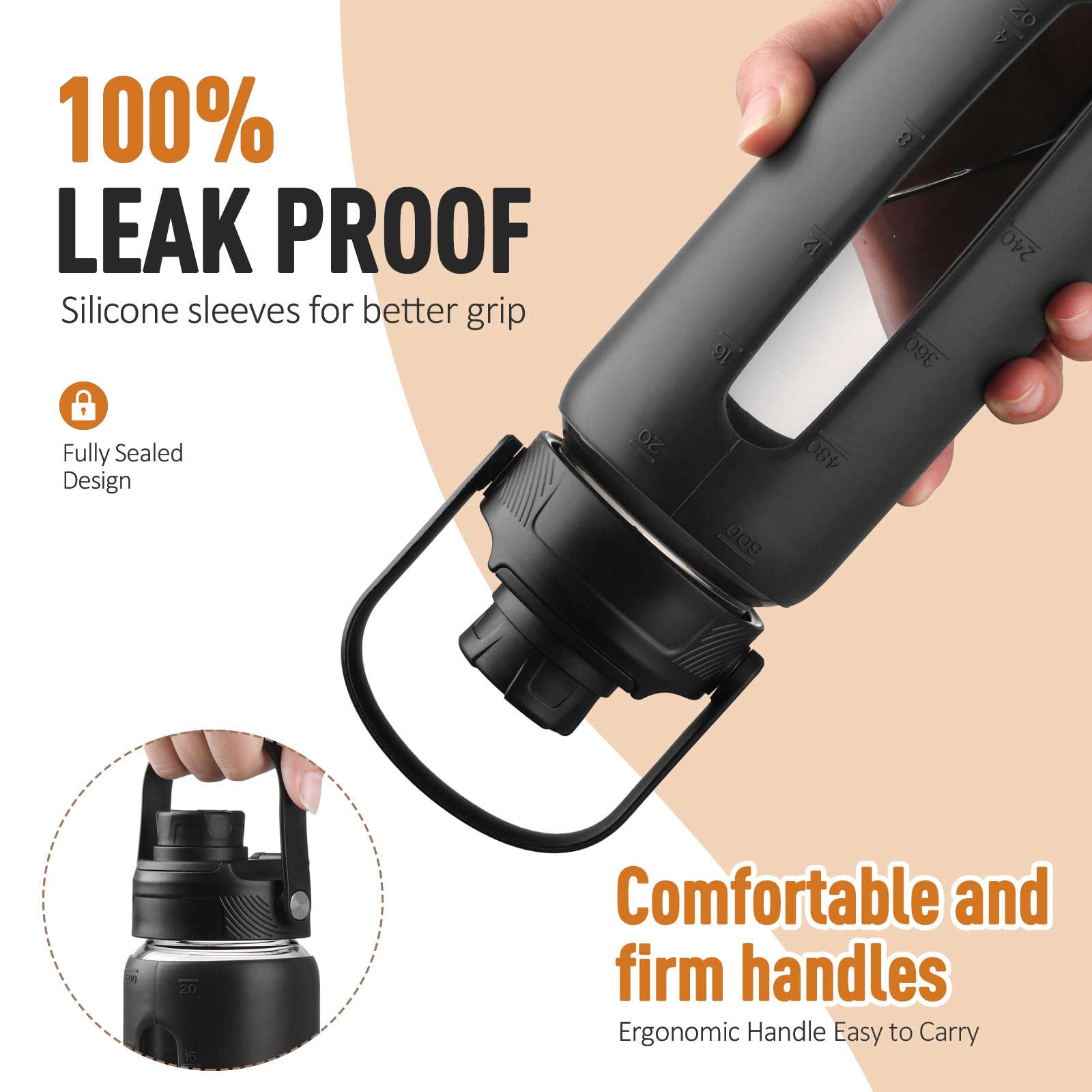 BLUEGO Borraccia in vetro da 600ml con cannuccia e 2 coperchi, tazza da caffè in vetro con custodia in silicone, senza BPA, Nero