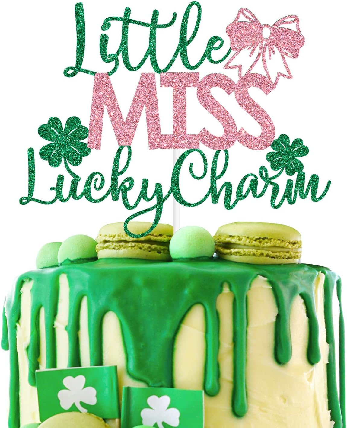 Little Miss Lucky Charm Cake Topper, St Patrick's Day Cake Decor, Kids Birthday, Girl's Party, Irish Holiday Party Decorations Supplies, Green & Pink Glitter