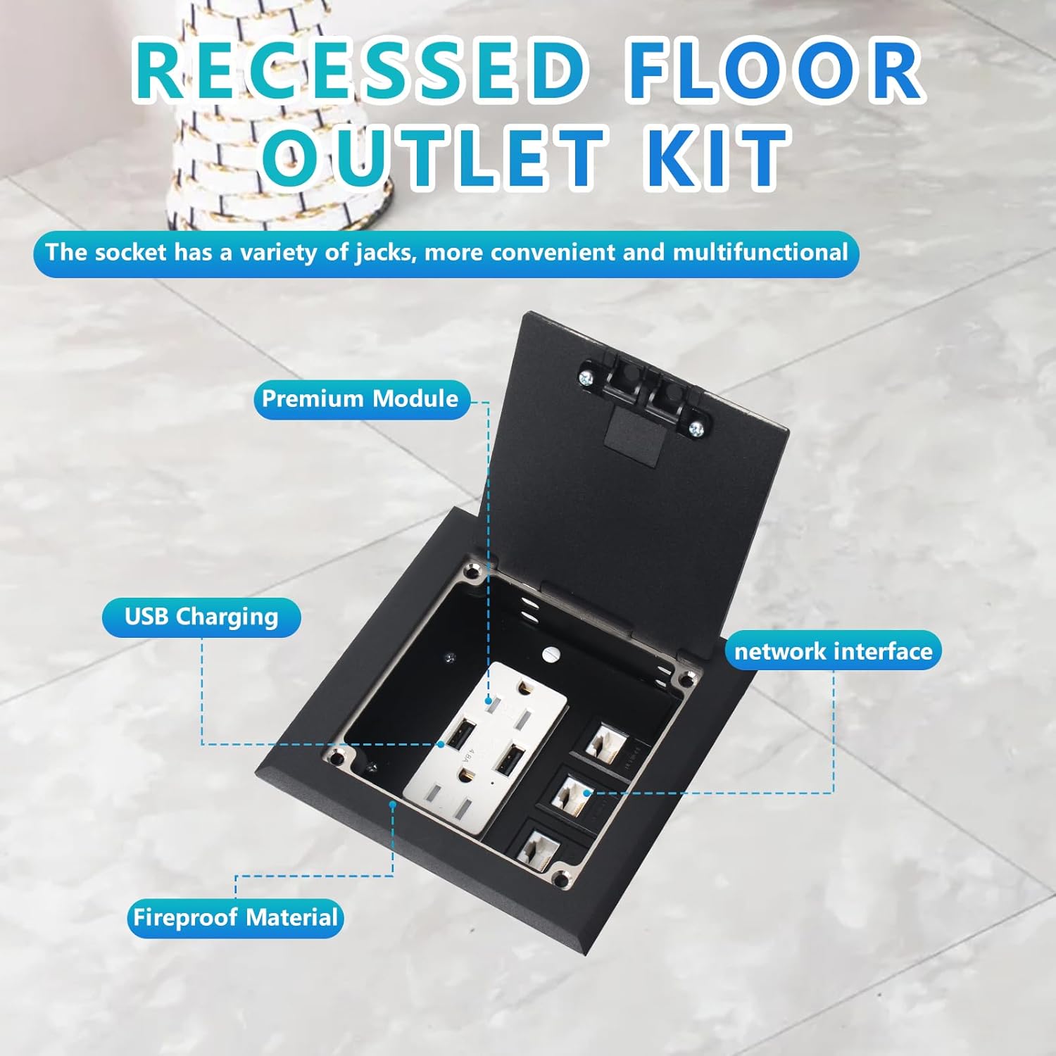KYHSHJ Recessed Flat Hidden Socket Kit with 2 * 15A Receptacle，4.8A*2 USB-A Ports +3-Port RJ45 Datacom Receptacle. Internal Height Adjustable，Corrosive Resistant Hardware,Black
