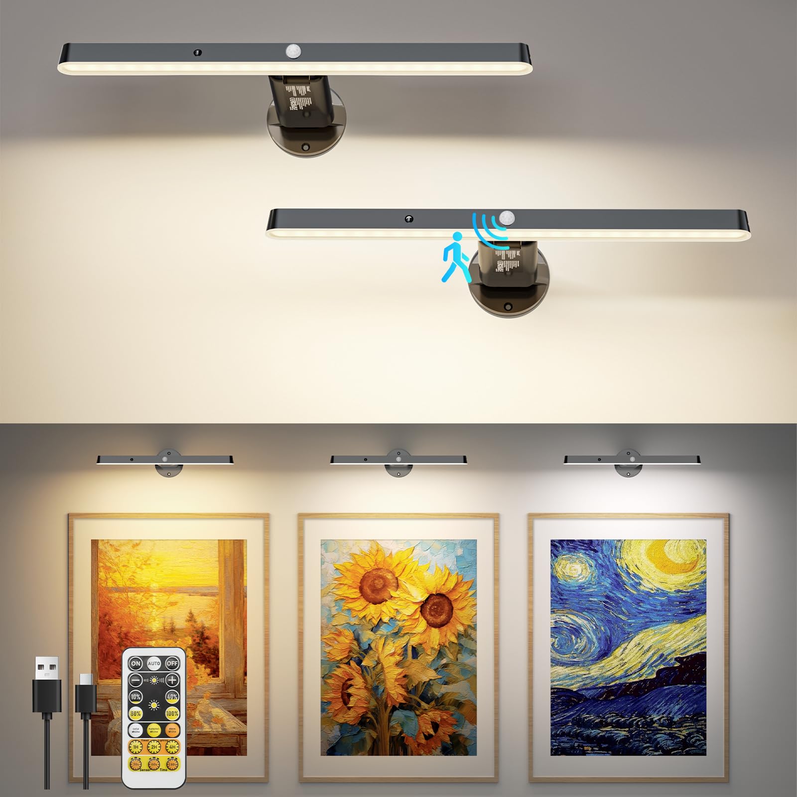 Bilderleuchte Kabellos LED Bildbeleuchtung Akku mit Bewegungsmelder, 31cm 6000mAh 3 Beleuchtungsmodi Wandleuchte,Dart Beleuchtung 3Farb Dimmbar mit Fernbedienung&Timer, für Malen,Foto,Portrait-2 Stück