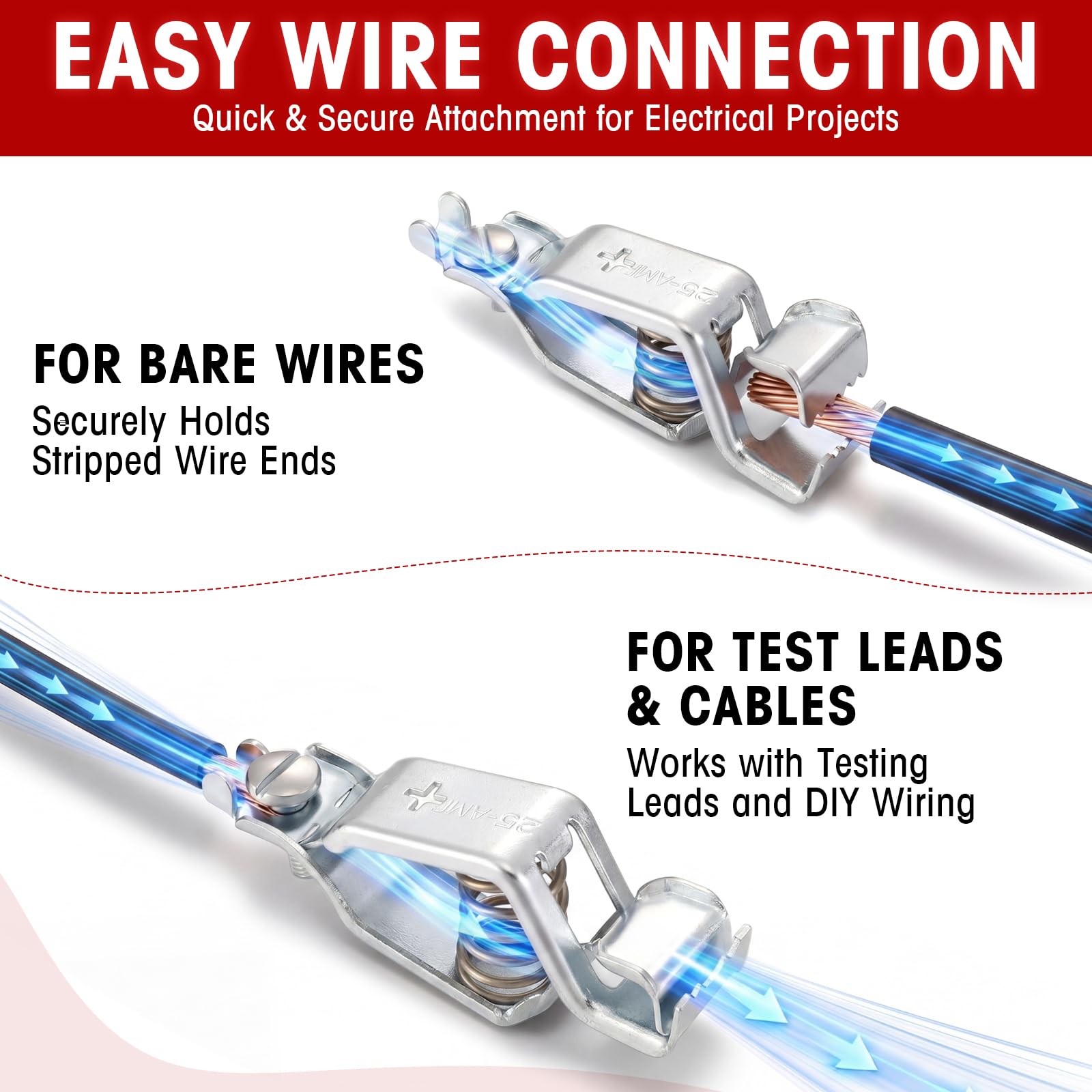 Sabary BU-24APN Morsetti a coccodrillo resistenti per batteria da 25 A, con terminali a vite, manicotti isolati, clip di prova in metallo per test batteria automobilistica, applicazioni elettroniche