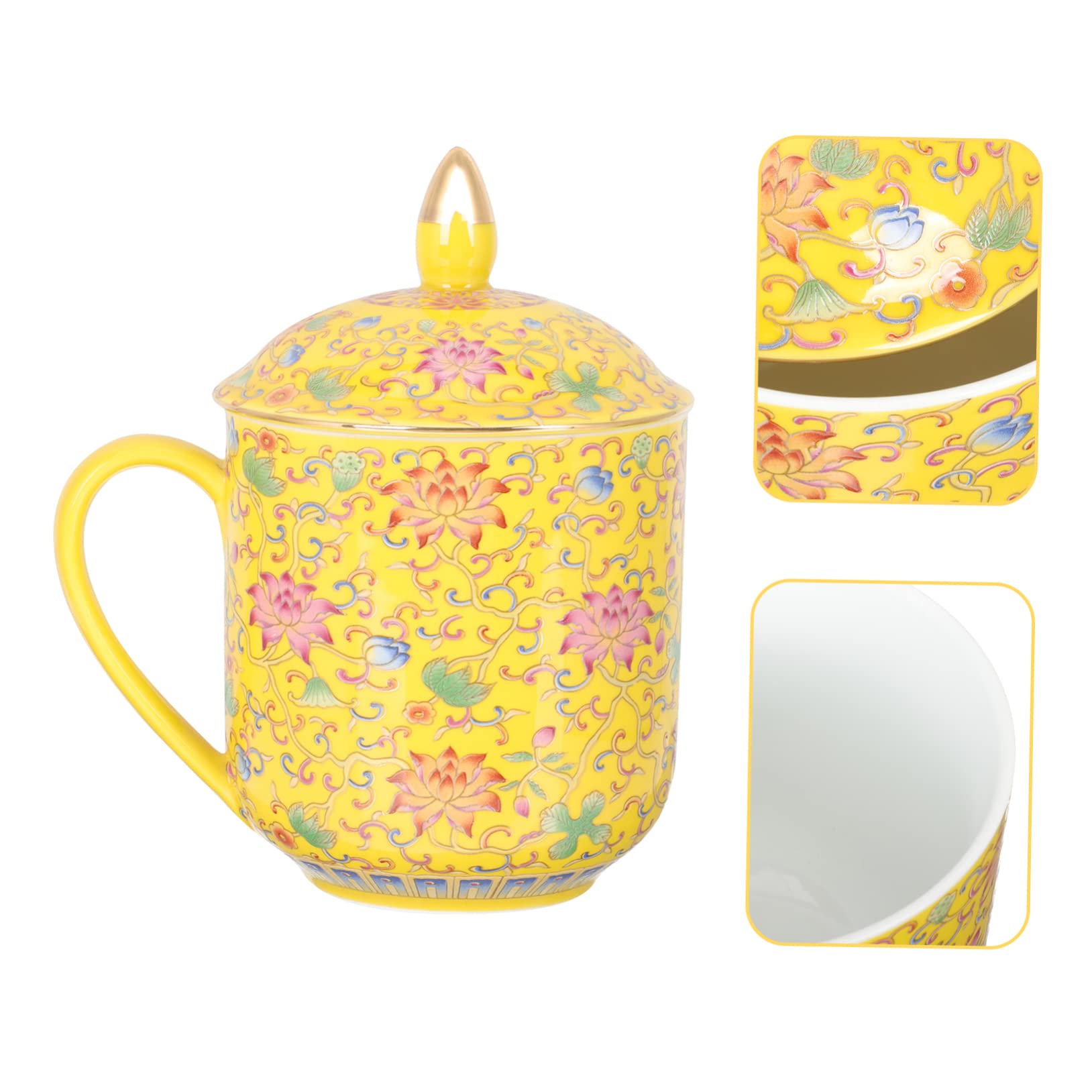 SHOWERORO Keramik Teetasse mit Deckel und Tee Ei Japanischer Teebecher für Teezeremonie Retro Stil Gelb Vielseitig Einsetzbar für Büro und Zuhause