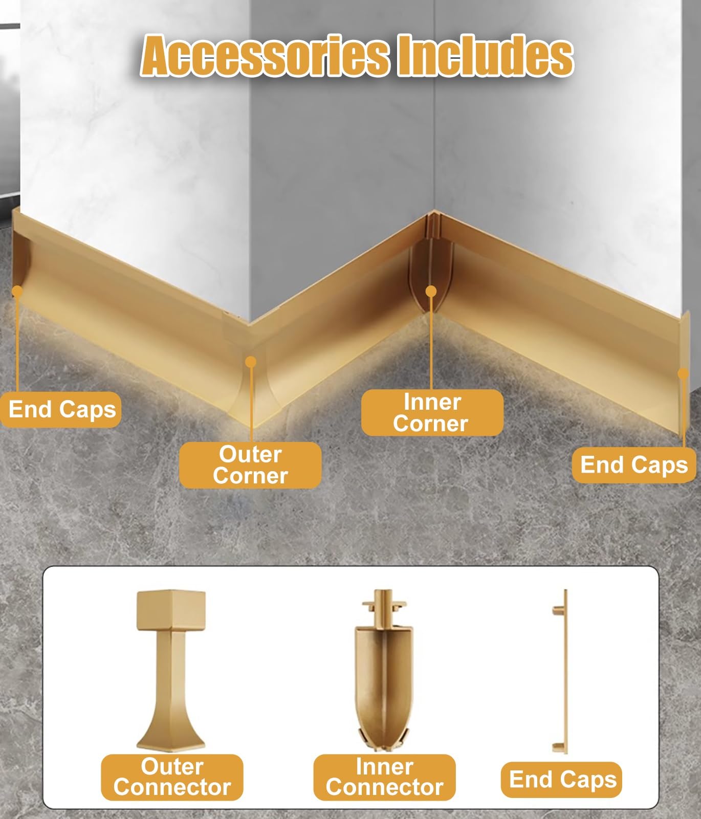 Perfil de aluminio con canal LED integrado, sistema de iluminación de zócalo for el hogar, base de pared decorativa for moldura de zócalo de piso for tira de LED(Champagne,1.5m)