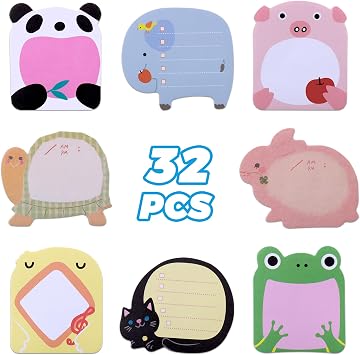JIANTA 32 Pack Cute Sticky Notes Party Bag Fillers for Kids | 8 Styles 640 Sheets Party Favour Cartoon Animal Sticky Notes Set