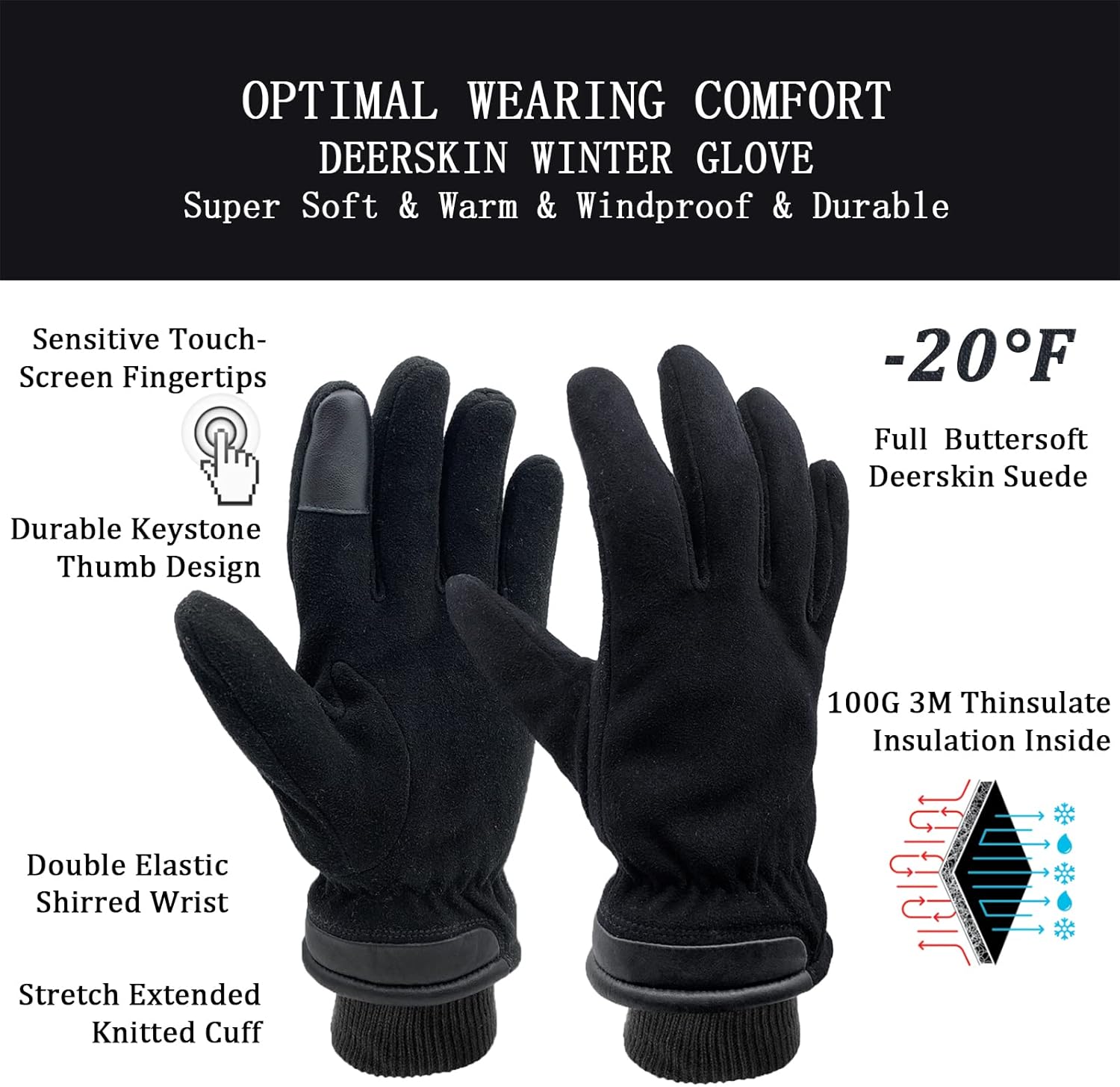 SKYDEER 3M Thinsulate Thermal Winter Work Gloves with Windproof Premium Genuine Deerskin Suede Leather (Unisex SD8671T) - Image 2