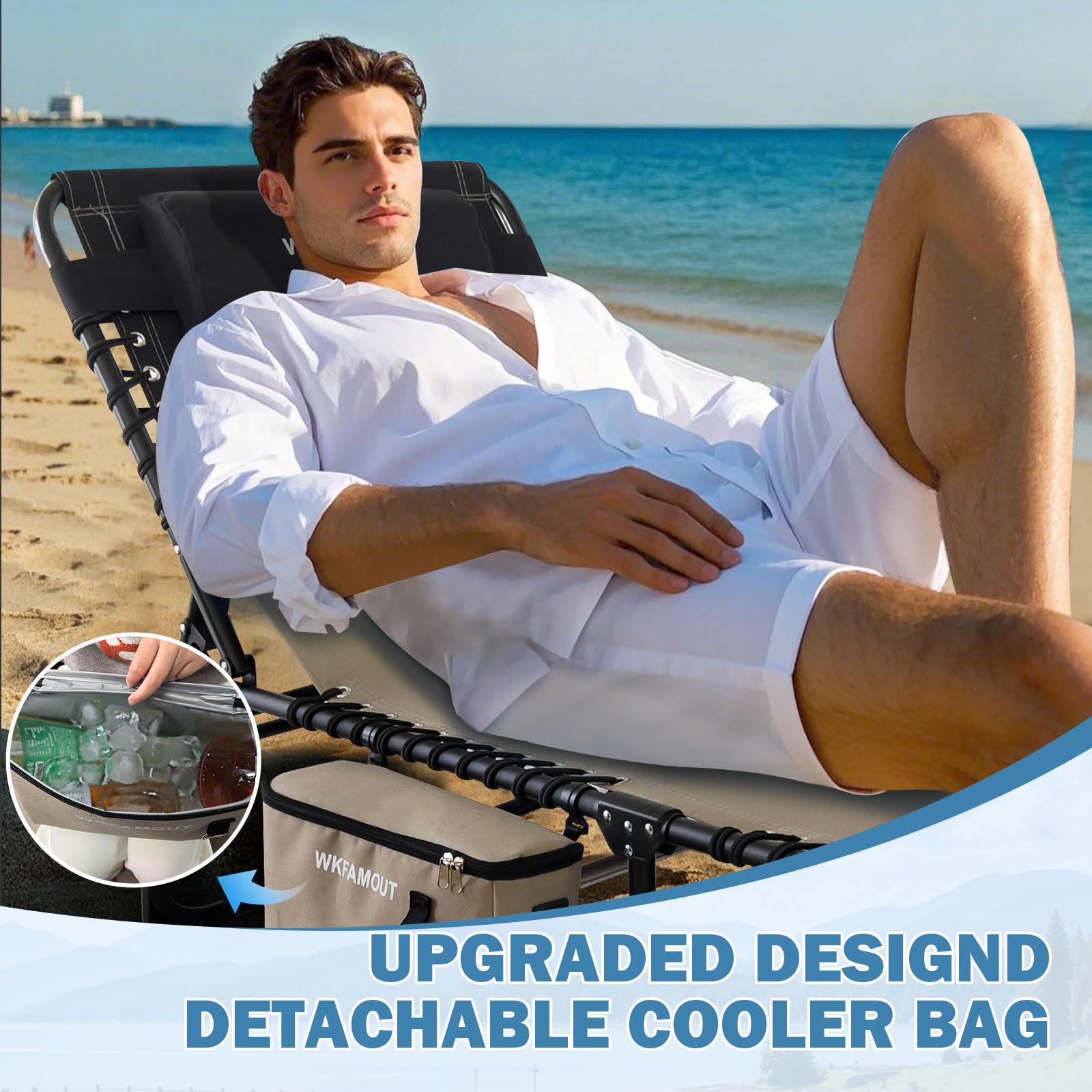 Sedia Sdraio da Esterno con Borsa Frigo Staccabile per Adulti 190x59CM Sedia Reclinabile Pieghevole 5 Posizioni Regolabili Robusto e Stabile con Poggiatesta Regolabile Carico Massimo 120 kg