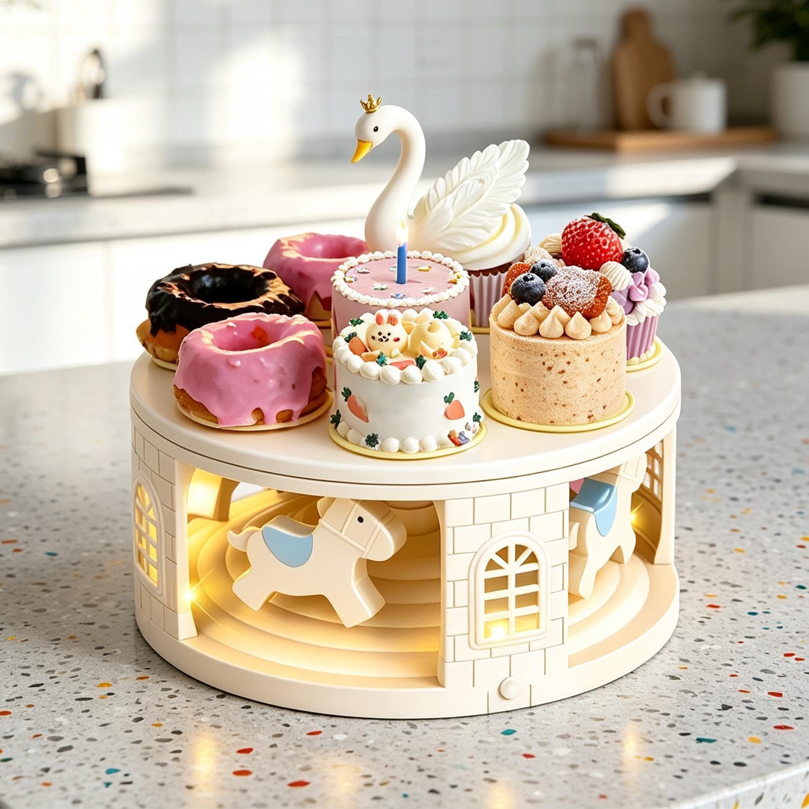 Tortenständer Mit Musik Lichtern Rotierendem Dessert-Display Servieren | Party-Dessertständer Kuchenplatte für Kekse Donuts Süßigkeiten Snacks Zuhause Geburtstag Hochzeit Feiertage