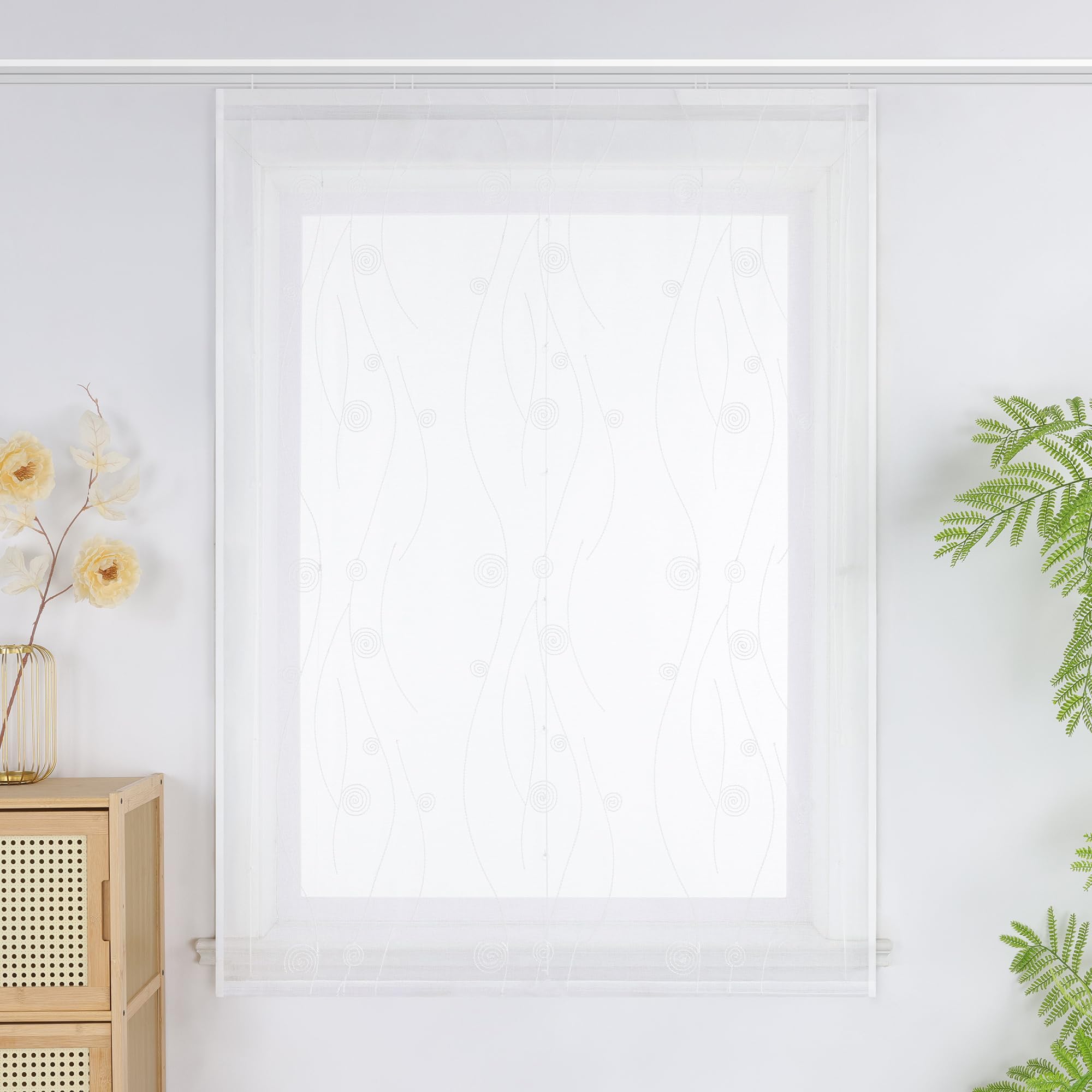 Raffrollo mit Stickerei Kreis Muster Moderne Raffgardinen mit Klettband Transparente Bestickte Bändchenrollo Leinenoptik Fensterdekoration Weiß,BxH 140x140cm