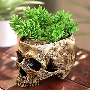 READAEER Resin Skull Bowl, Makeup Brush Organizer, Pen Holder, Planter Flower Pot, Skull Statue for Home Office Indoor Desk Decorations (Gold)