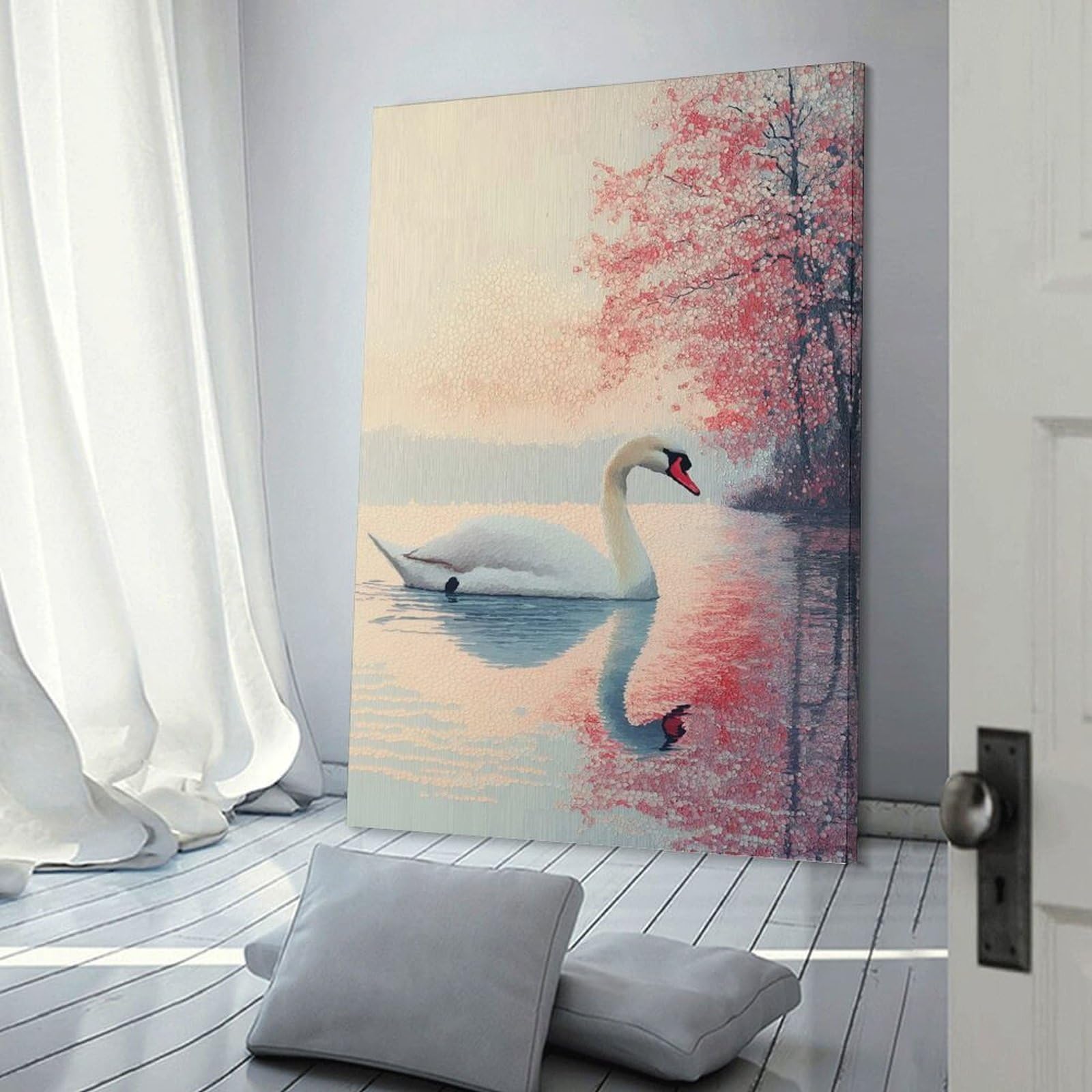 Swan in A Pink Floral Lake Home Decor Wall Art, 08x12inch(20x30cm), for Apartments, Flats Or New Home Decor, An Easy Choice for New Home Styling