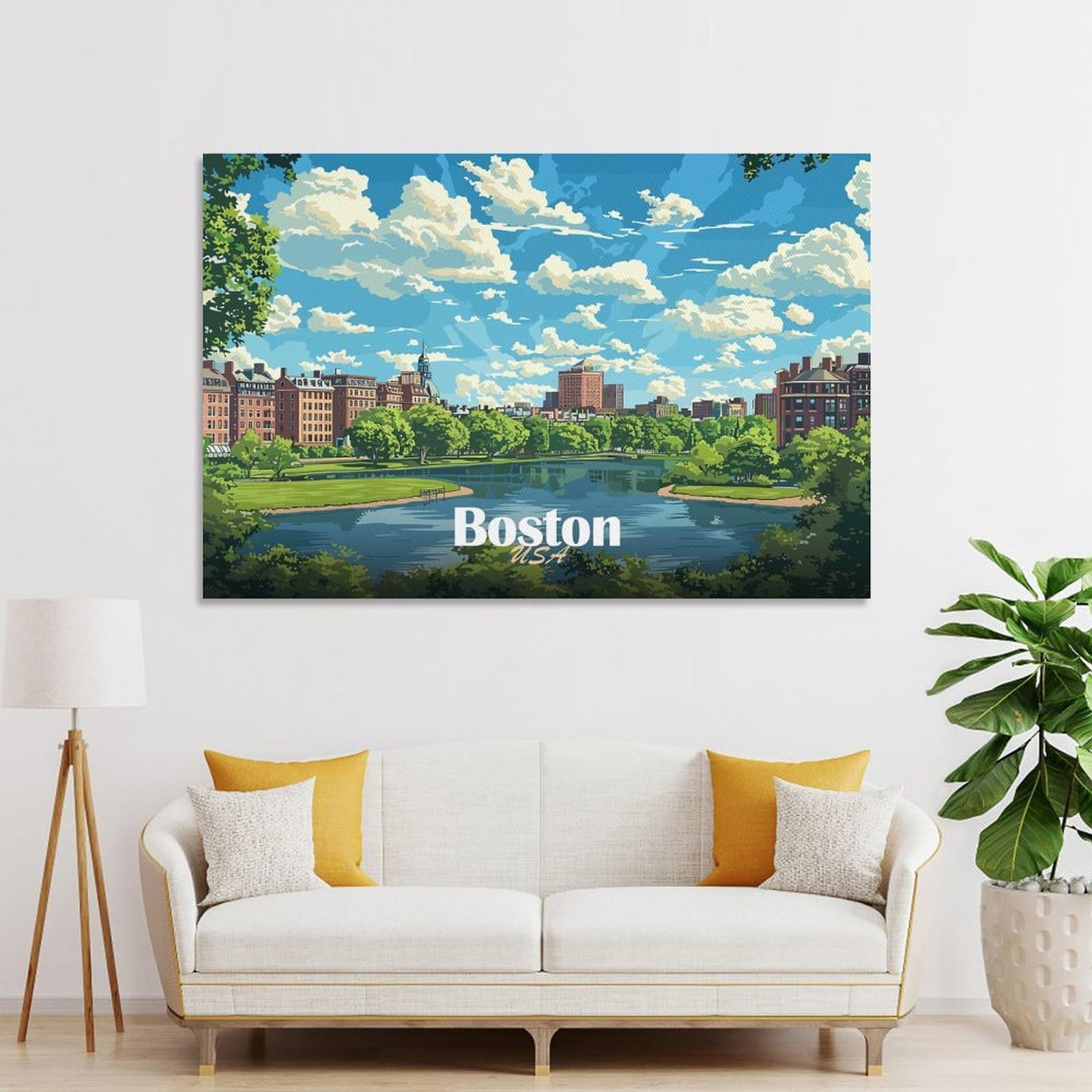 Junmoney Boston Skyline with Pond Room Decor Wall Art, 24x36inch(60x90cm), for Bedroom, Guest Room Or Reading Nook, Home Artwork with A Soft Interior Feel