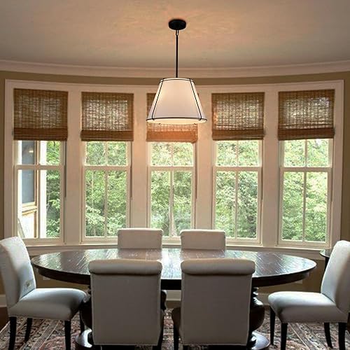 Miniatura 4 de Modernas lámparas colgantes, 16 pulgadas, luces colgantes de tambor de lino blanco, lámpara colgante ajustable con marco de metal, lámpara negra