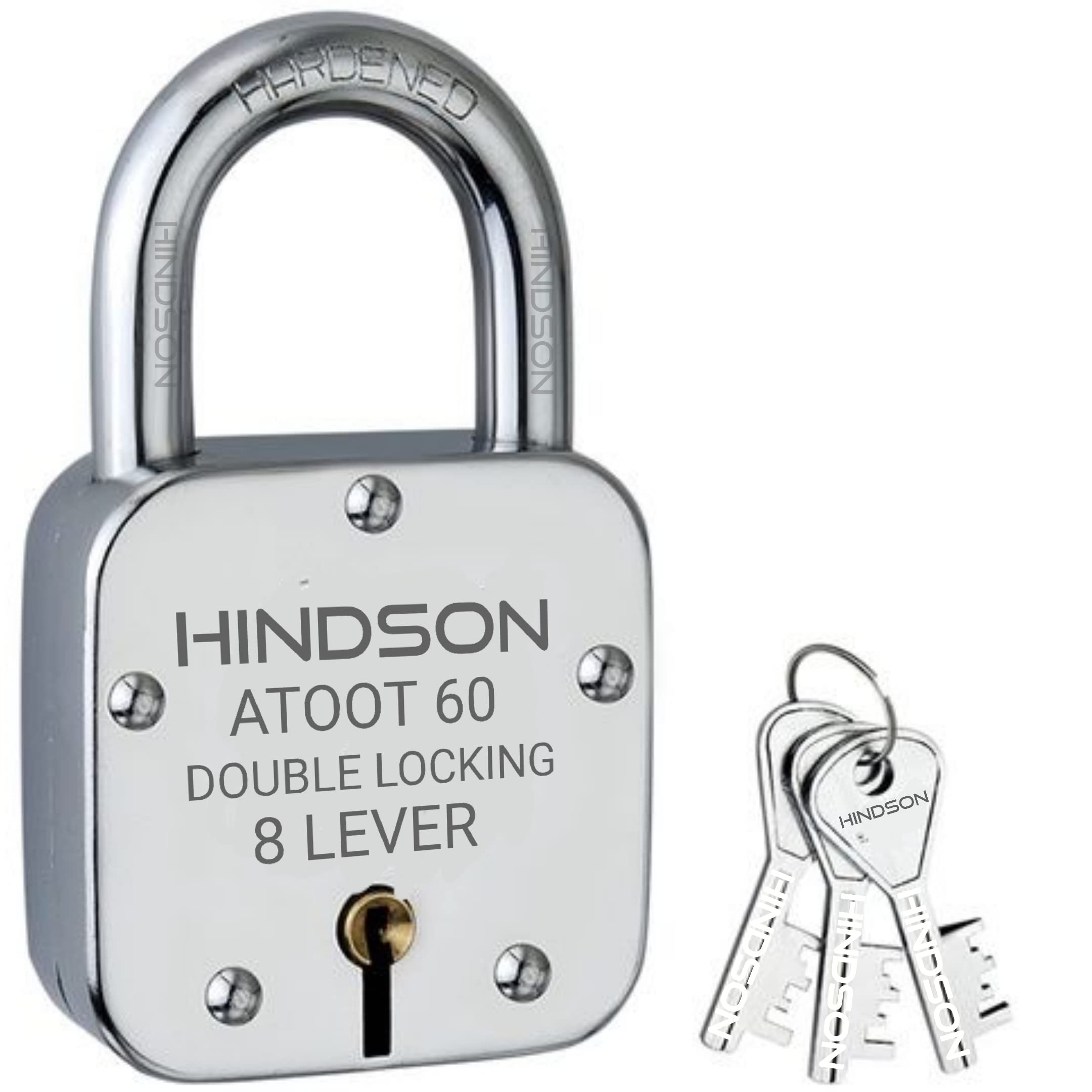 HINDSON Atoot 60mm Lock | Iron Body | Hardened Shackle | 8 Steel Lever | 3 Silver Keys with Keychain | 1 Lock | Made in India | Silver Finsh