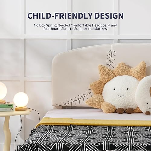 Miniatura 8 de Zafly - Marco de cama infantil de tamaño matrimonial, plataforma tapizada de piel sintética con cabecero, marco de cama para niños, marco de cama