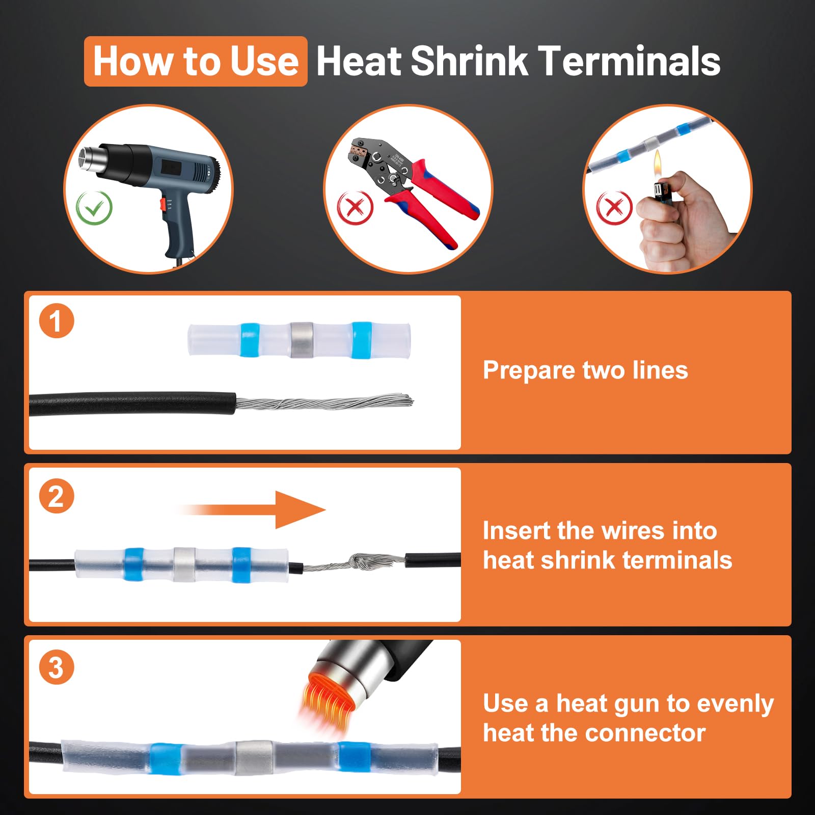Instructions for using heat shrink terminals with a heat gun