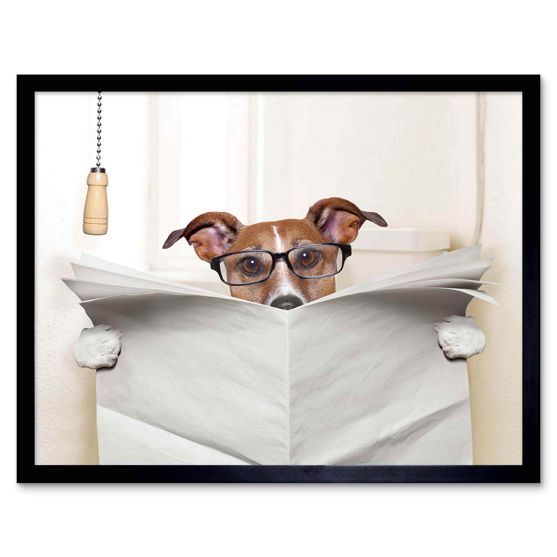 Artery8 Framed Art Print - Jack Russell Toilet Newspaper - Beige - W12" x H16"