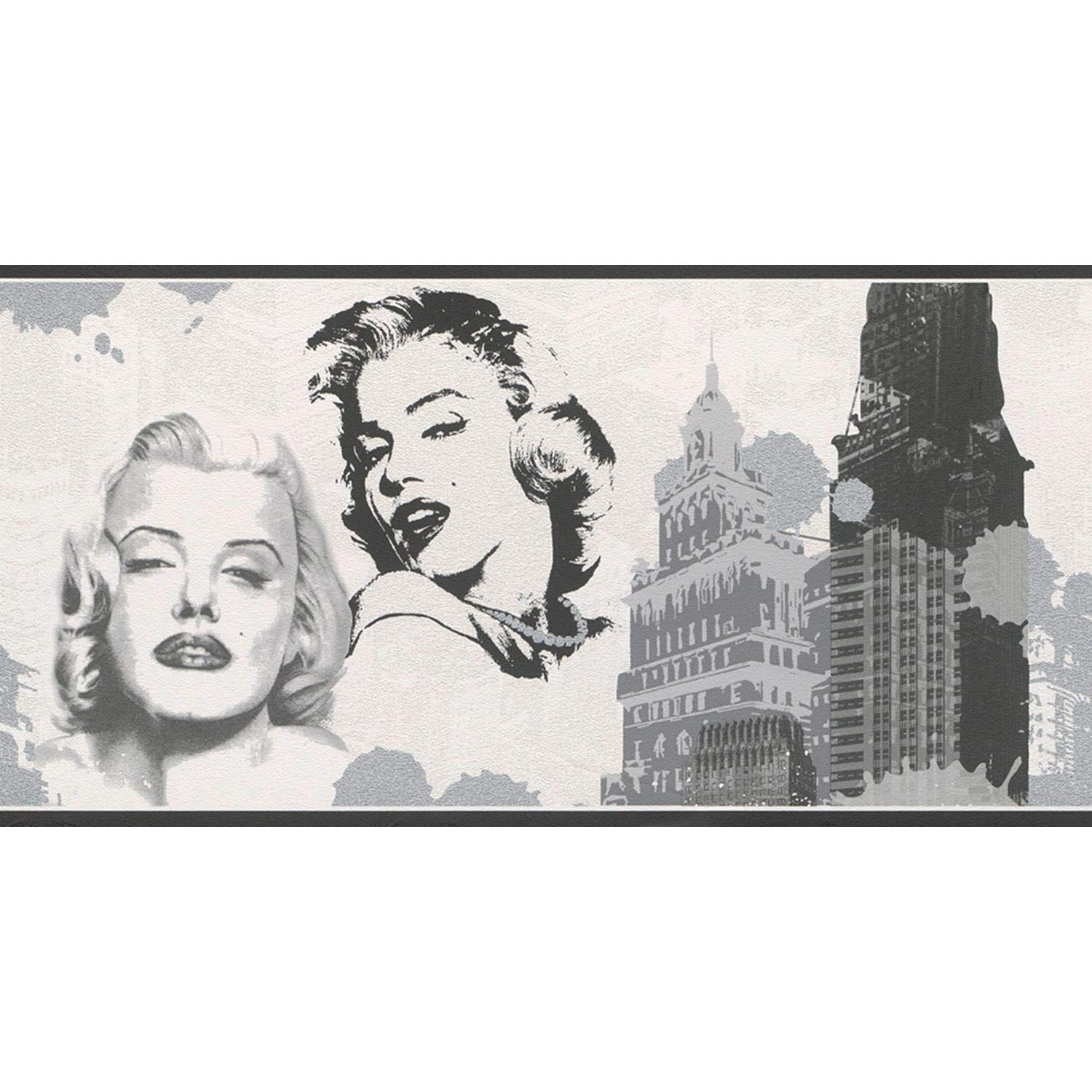 Yöl White,Silver,Black Marilyn Monroe Style Wallpaper Border White Black Silver New York