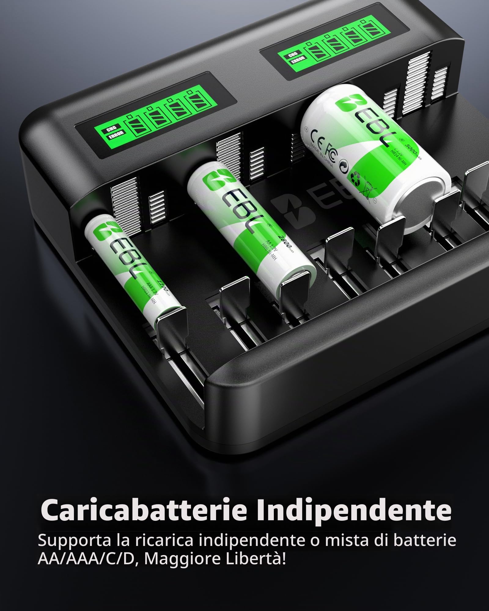 EBL Caricabatterie per batterie AA AAA C D NiMh, ingresso di tipo C, caricabatterie rapido, con display LCD