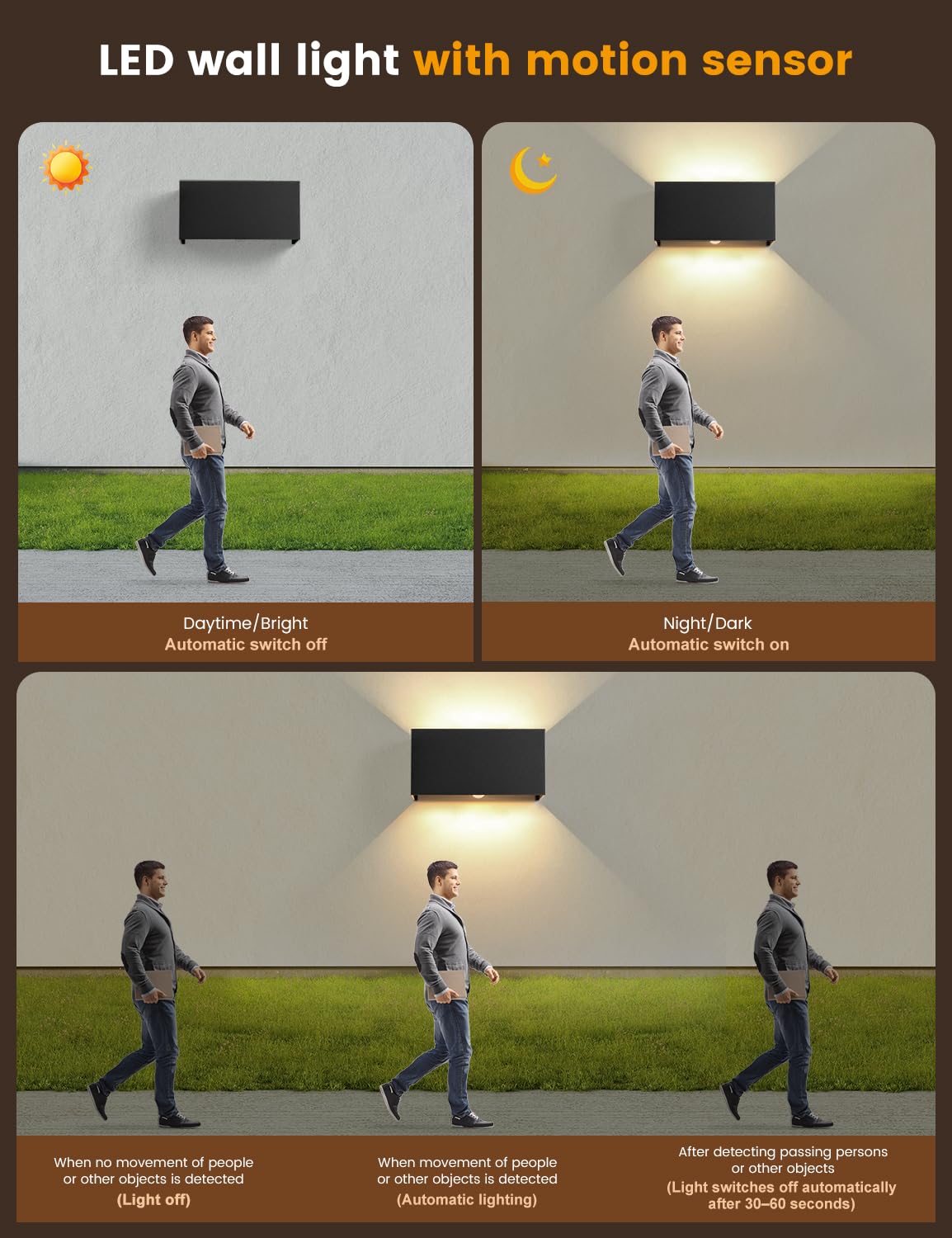 24W LED kinkiet wewnętrzny z czujnikiem ruchu, 3000K 2400LM ciepła biała lampa ścienna, IP66 kinkiet zewnętrzny, regulowany strumień światła, aluminiowy kinkiet do przedpokoju, ogrodu