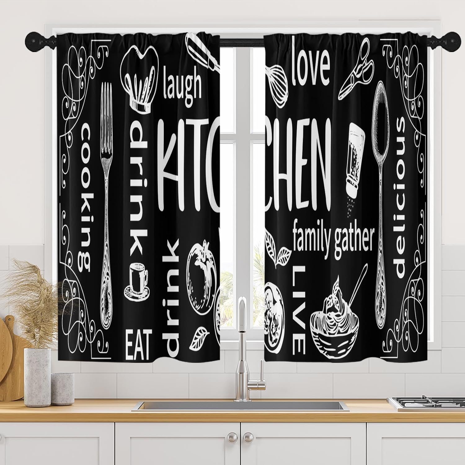 Amazon.com: Arttown Black Kitchen Curtains 45 Inch Length White Doodle ...