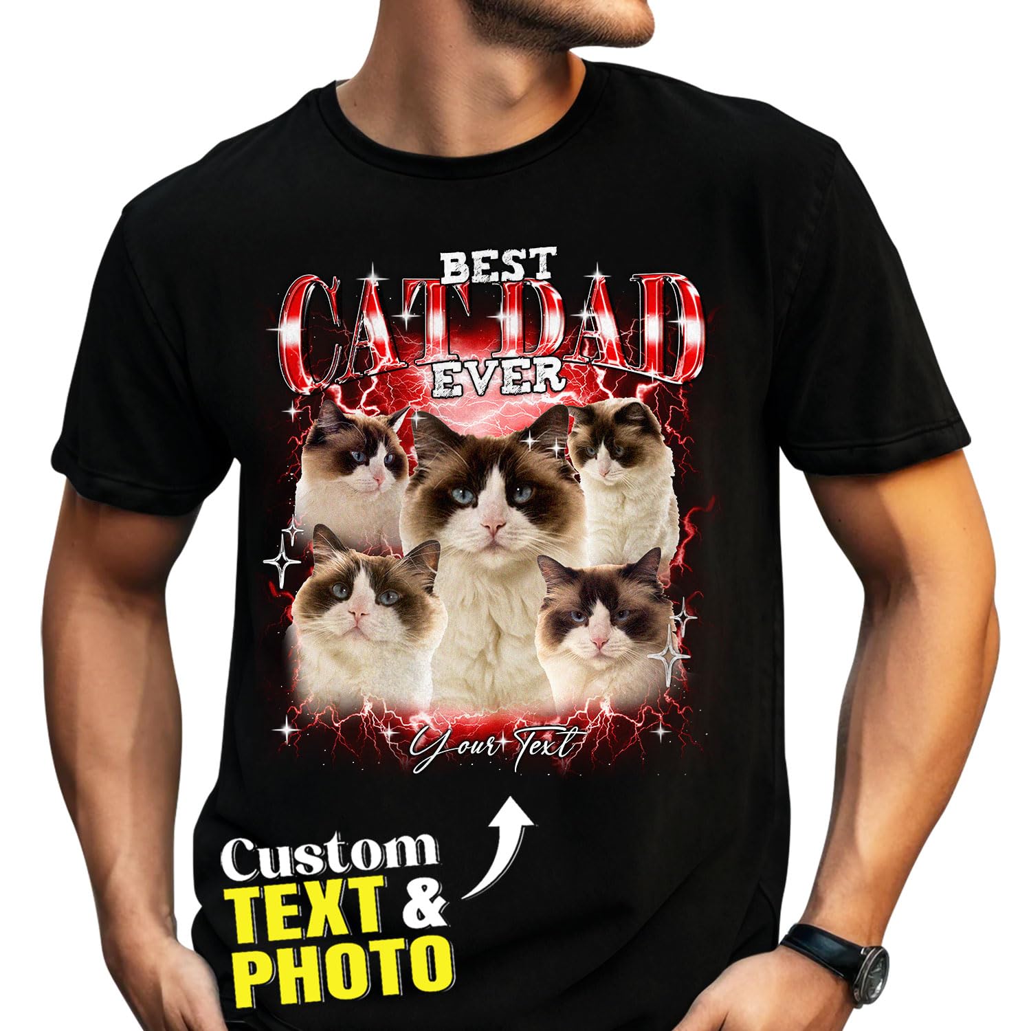 Customized Best Cat Dad Ever Shirt with Photo, Father's Day Shirts, Custom Cat Dad Shirt for Men, Bootleg Rap Tee