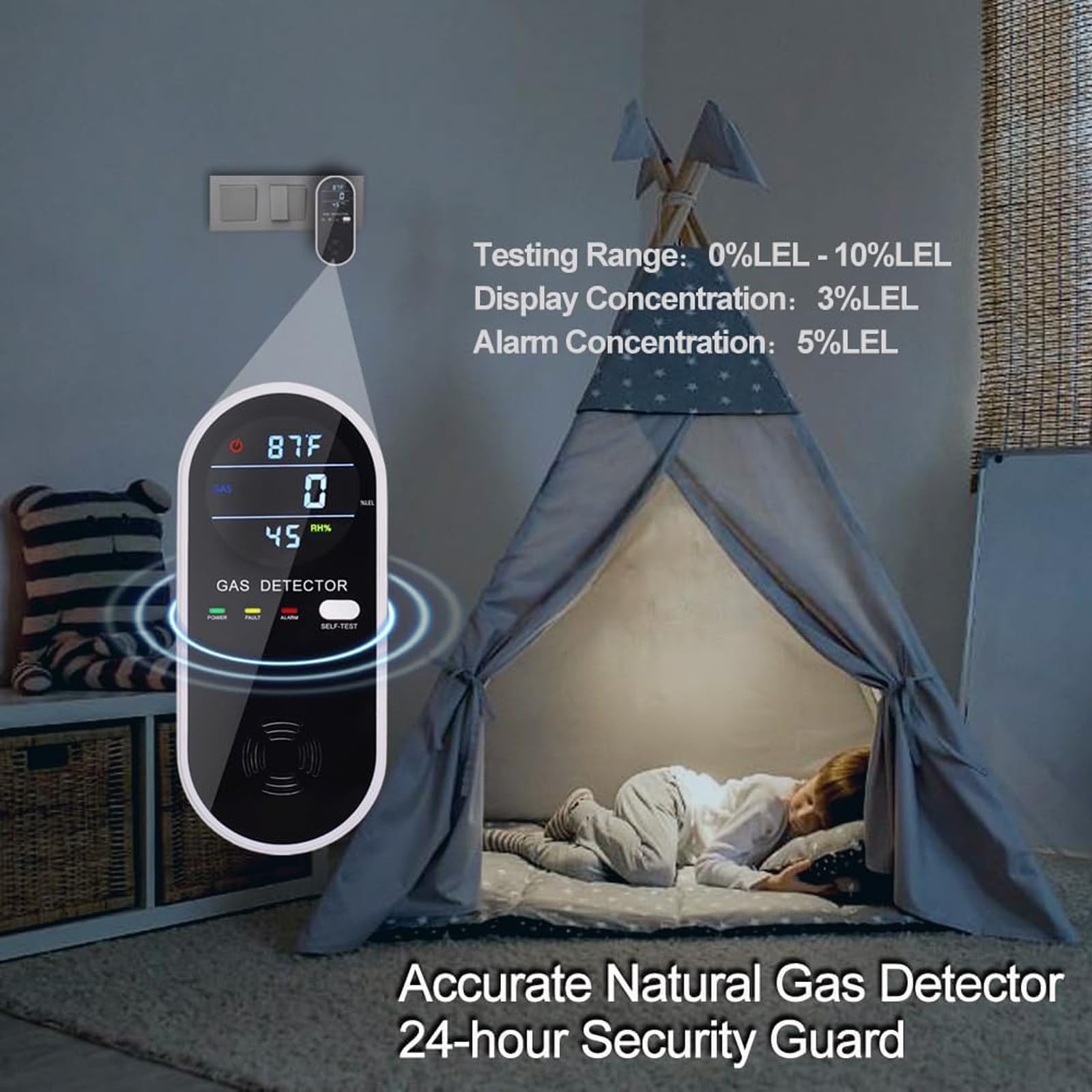 FLUNGSKY 3-in-1 Combustible Gas Detector with Temperature and Humidity Display, Plug-in Portable Combustible Gas Leak Alarm,Natural Propane Gas Detector for Kitchen,Living Room,Bedroom. 4