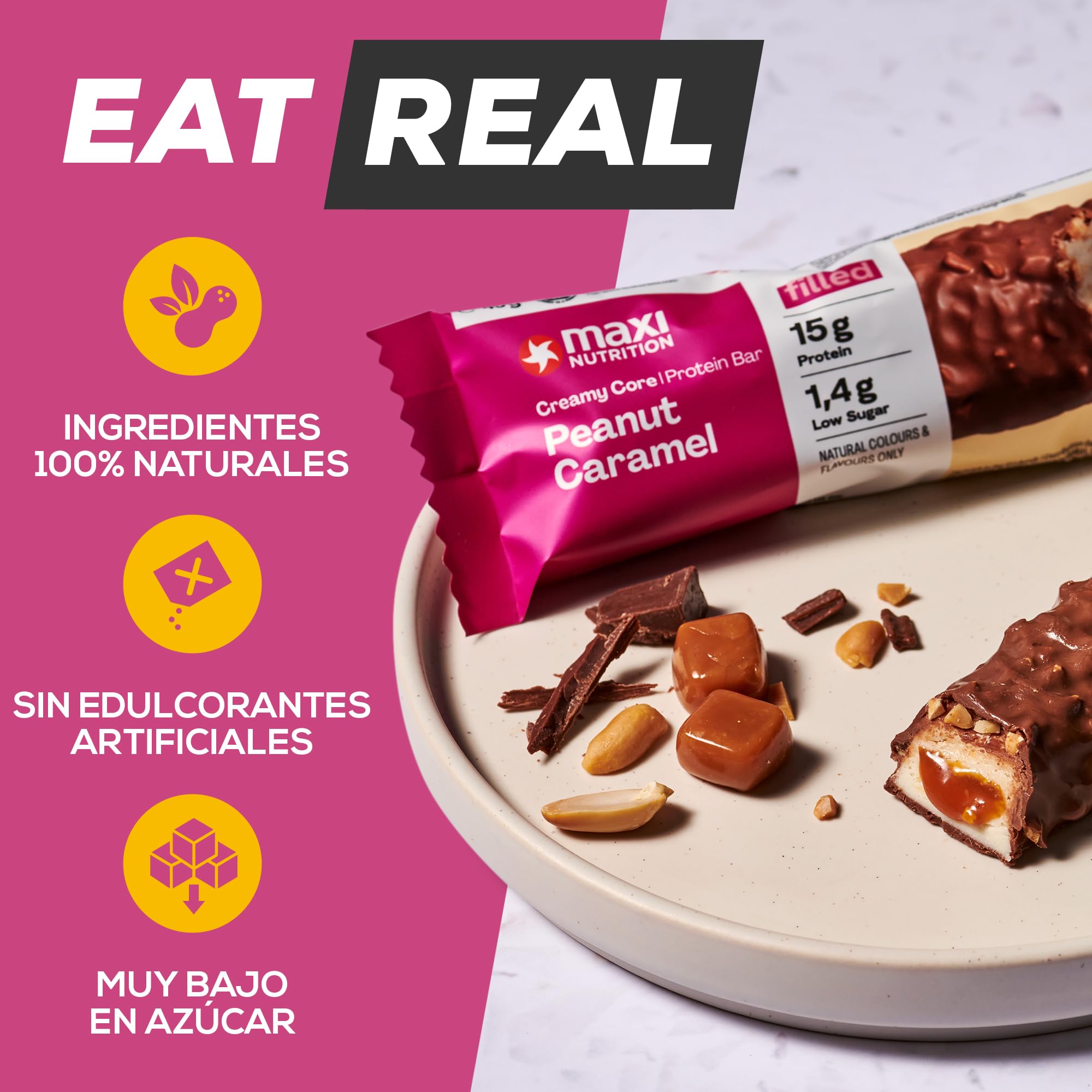 MaxiNutrition Barritas Creamy Core sabor a cacahuete y caramelo, 12 barritas proteicas de 45 g, 32% de proteína, 15 g por barrita, bajo en azúcar, sin azúcares añadidos, sin aromas artificiales