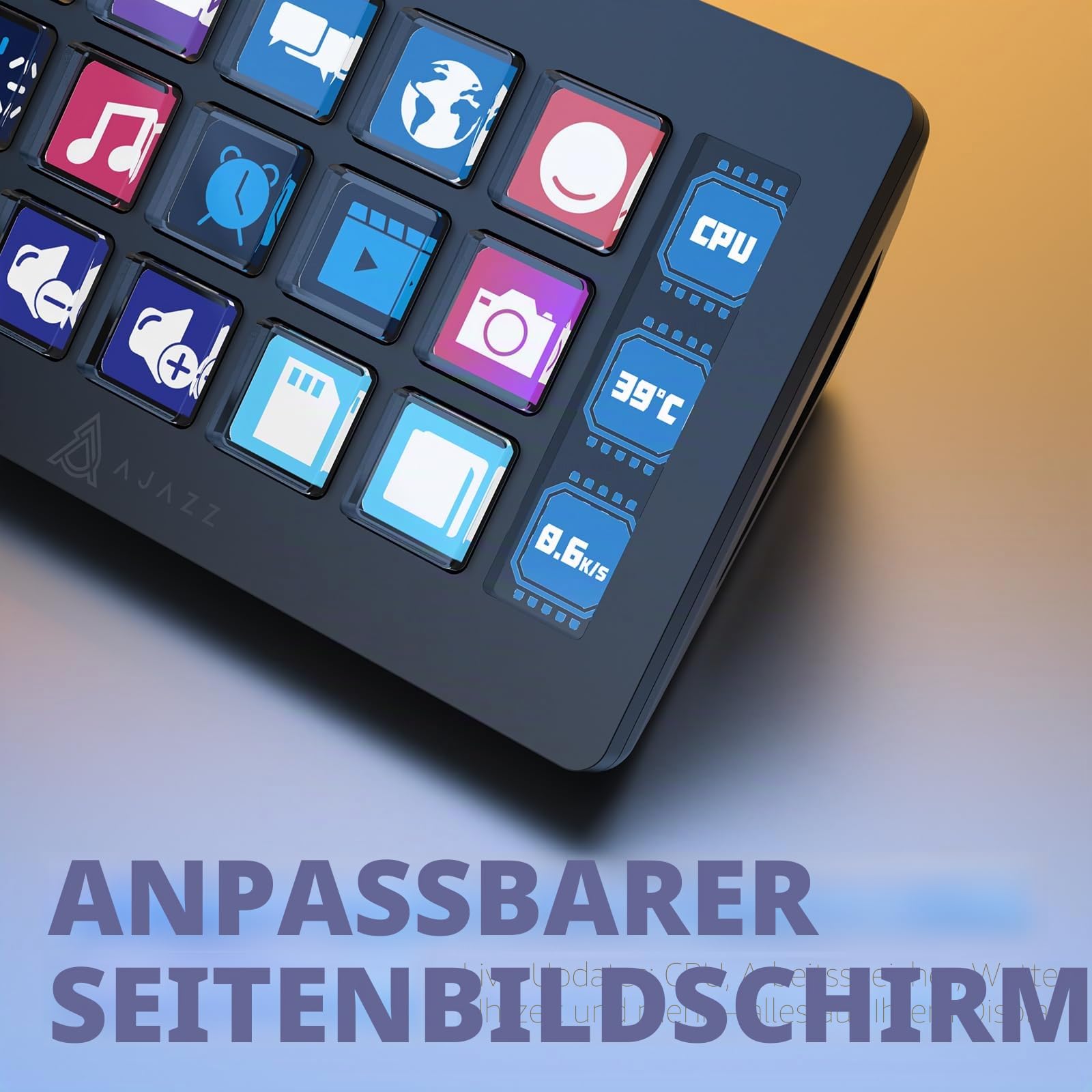 A.JAZZ AKP153 Stream-Studio-Controller, Stream-Deck-Typ-C, kabelgebunden, mit 15 Makro-LCD-Tasten, 1 seitlichem Bildschirm, abnehmbarer Ständer für Multi-Aktionen, ausgelöst in Win, Mac, Twitter