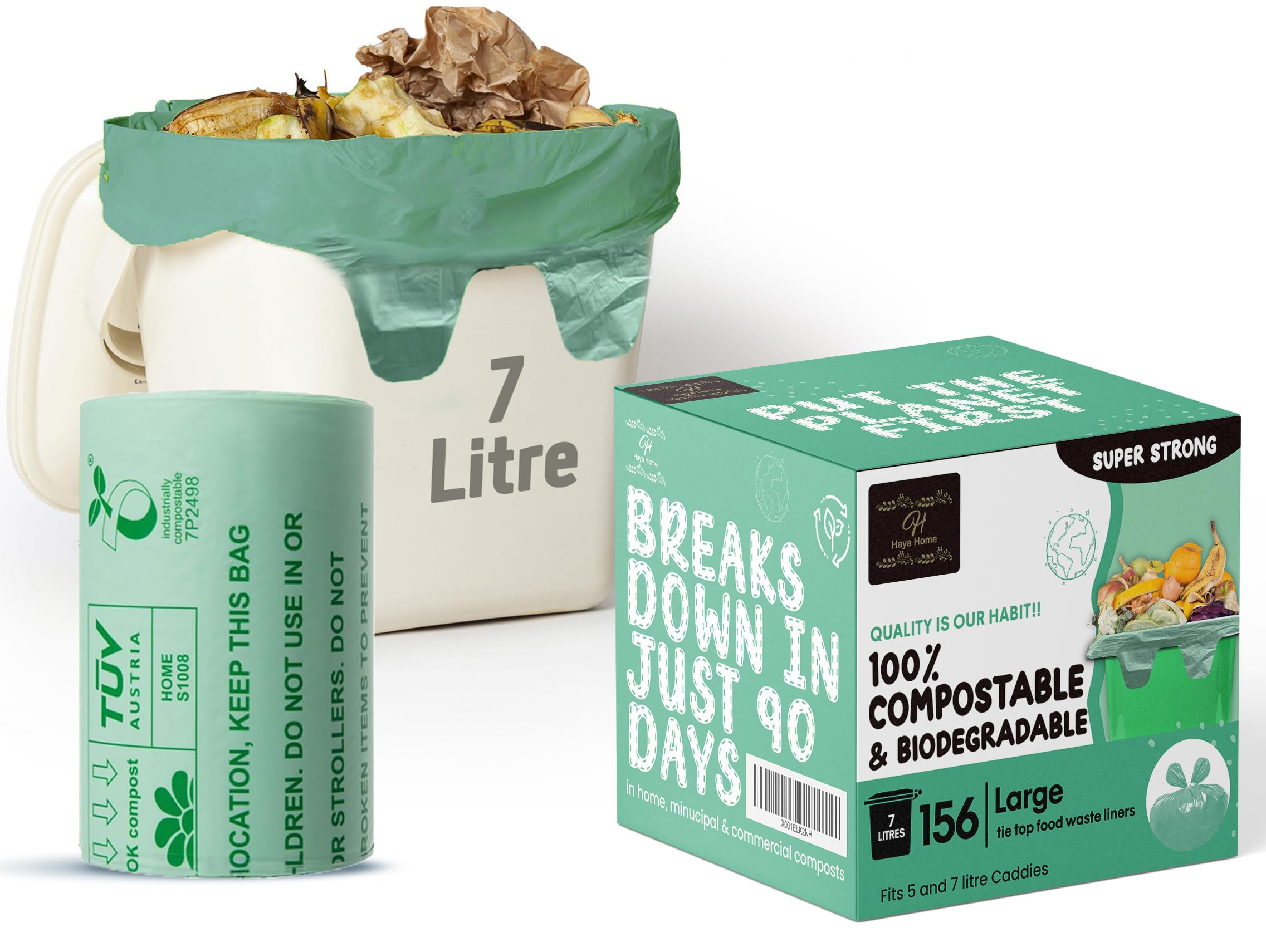 Haya Home 7L Eco Green 160 Compostable Biodegradable Food Waste Bags, Extra Thick, Strong and Leak Proof, 100% Corn Starch, Plastic Free, Conforms to EN 14323 & AS 4736-image-1