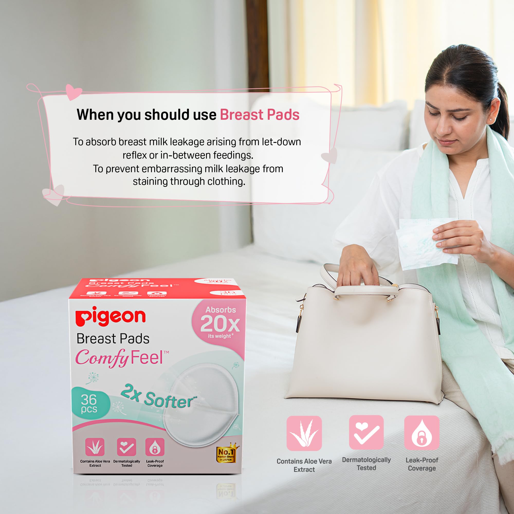 Pigeon Disposable Breast Pads 60 Pcs | 2X Softer Comfy Feel | Aloe Vera Extract | Stay Dry All Day | Leak Proof Coverage | Dermatologically Tested | White